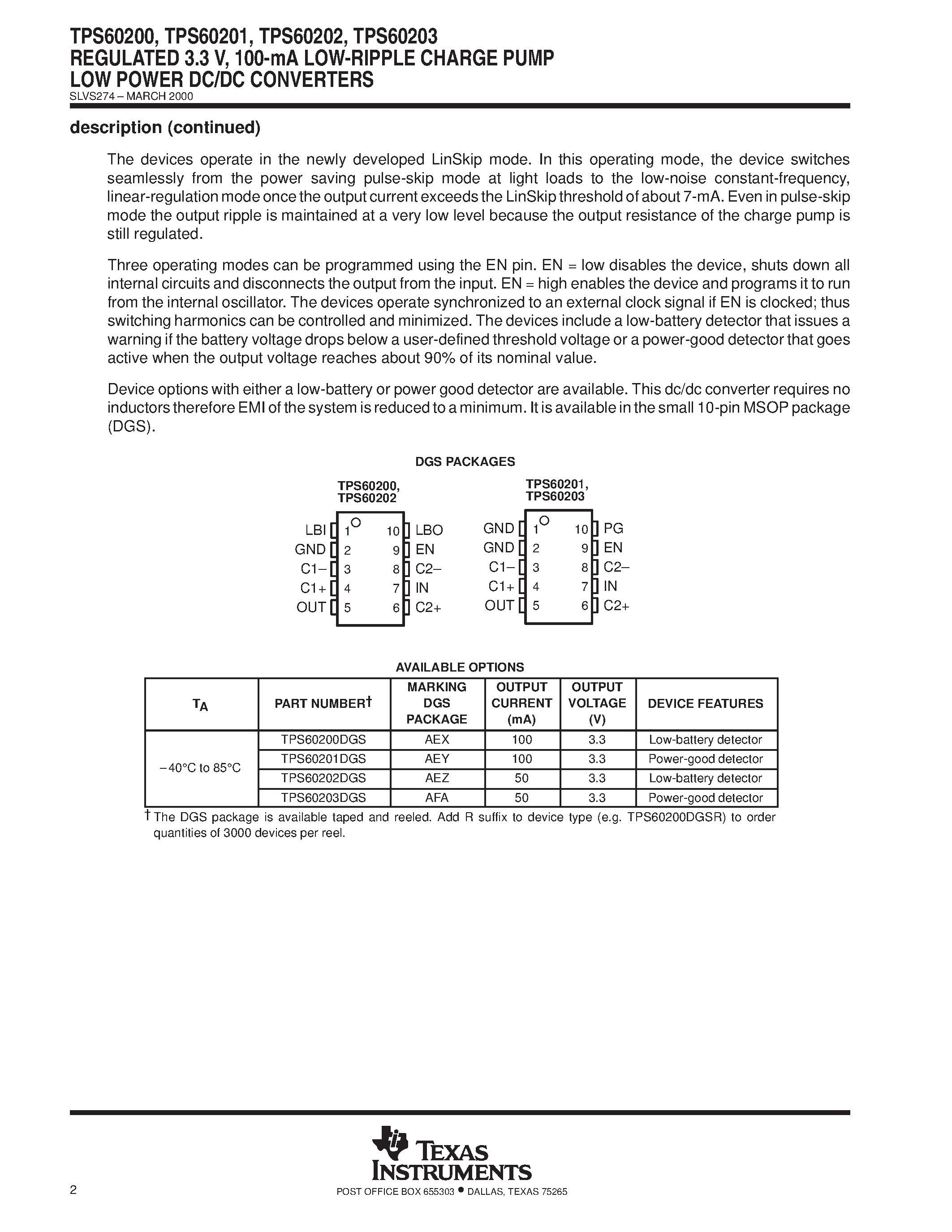 Даташит TPS60201DGS - REGULATED 3.3 V/ 100-mA LOW-RIPPLE CHARGE PUMP LOW POWER DC/DC CONVERTERS страница 2