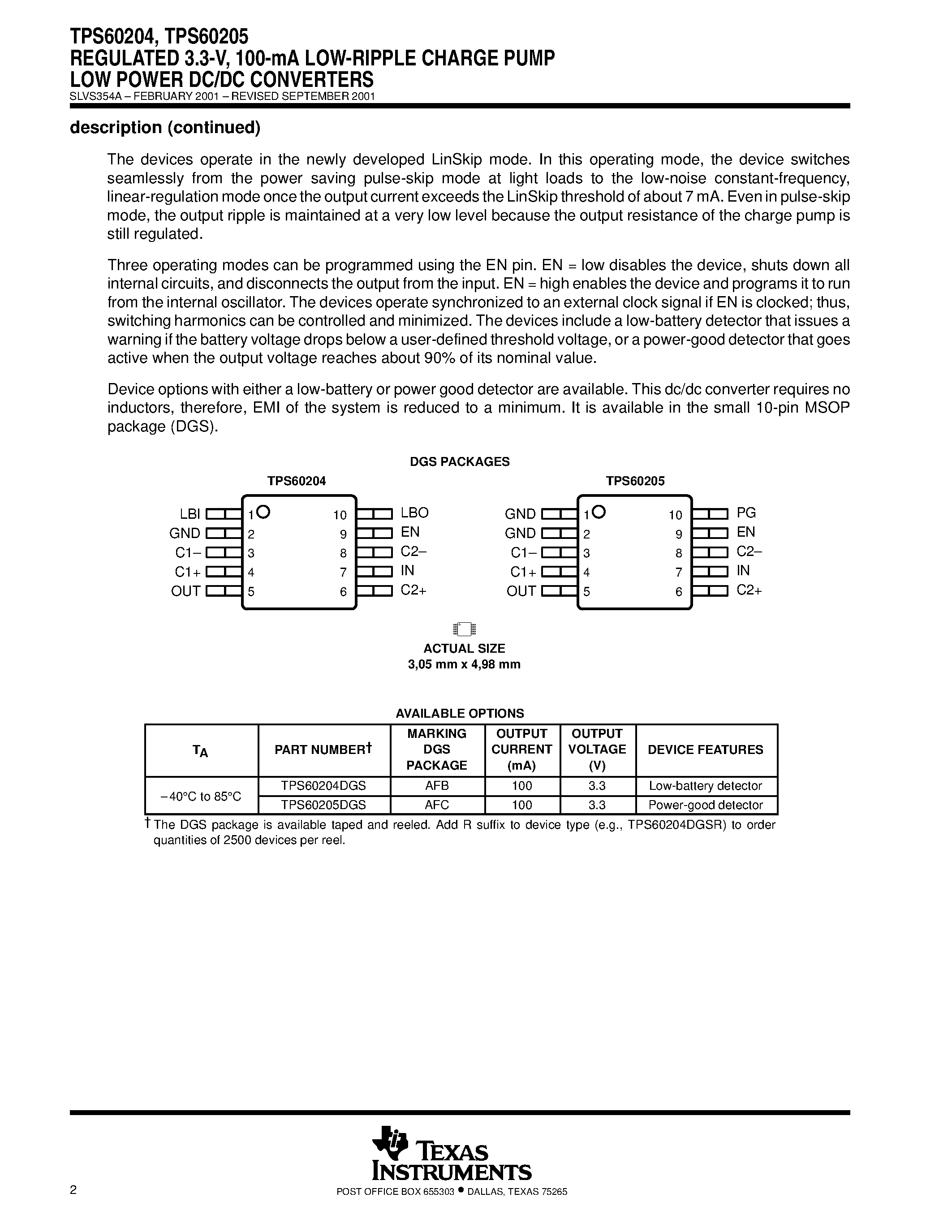 Даташит TPS60204 - REGULATED 3.3-V/ 100-mA LOW-RIPPLE CHARGE PUMP LOW POWER DC/DC CONVERTERS страница 2