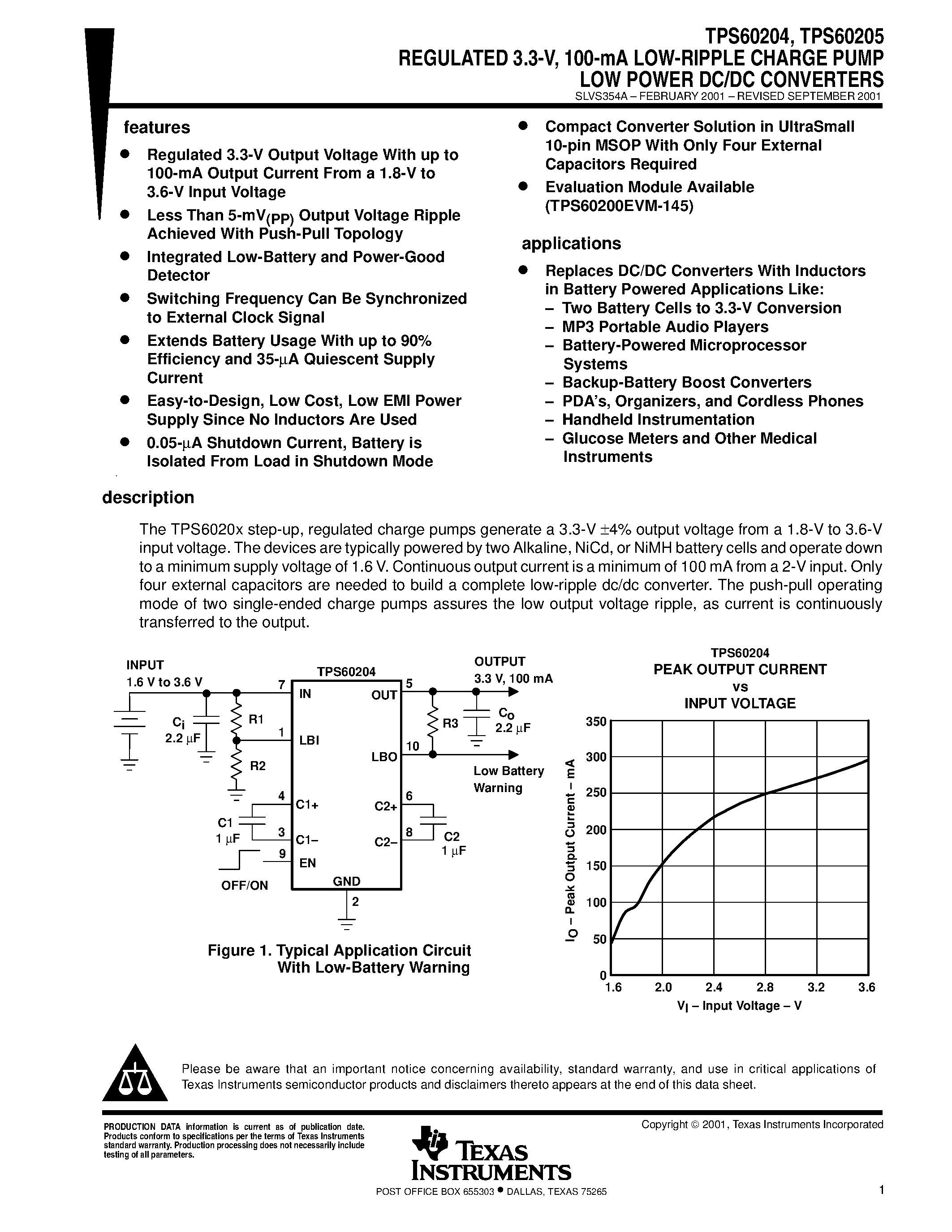 Даташит TPS60205DGS - REGULATED 3.3-V/ 100-mA LOW-RIPPLE CHARGE PUMP LOW POWER DC/DC CONVERTERS страница 1
