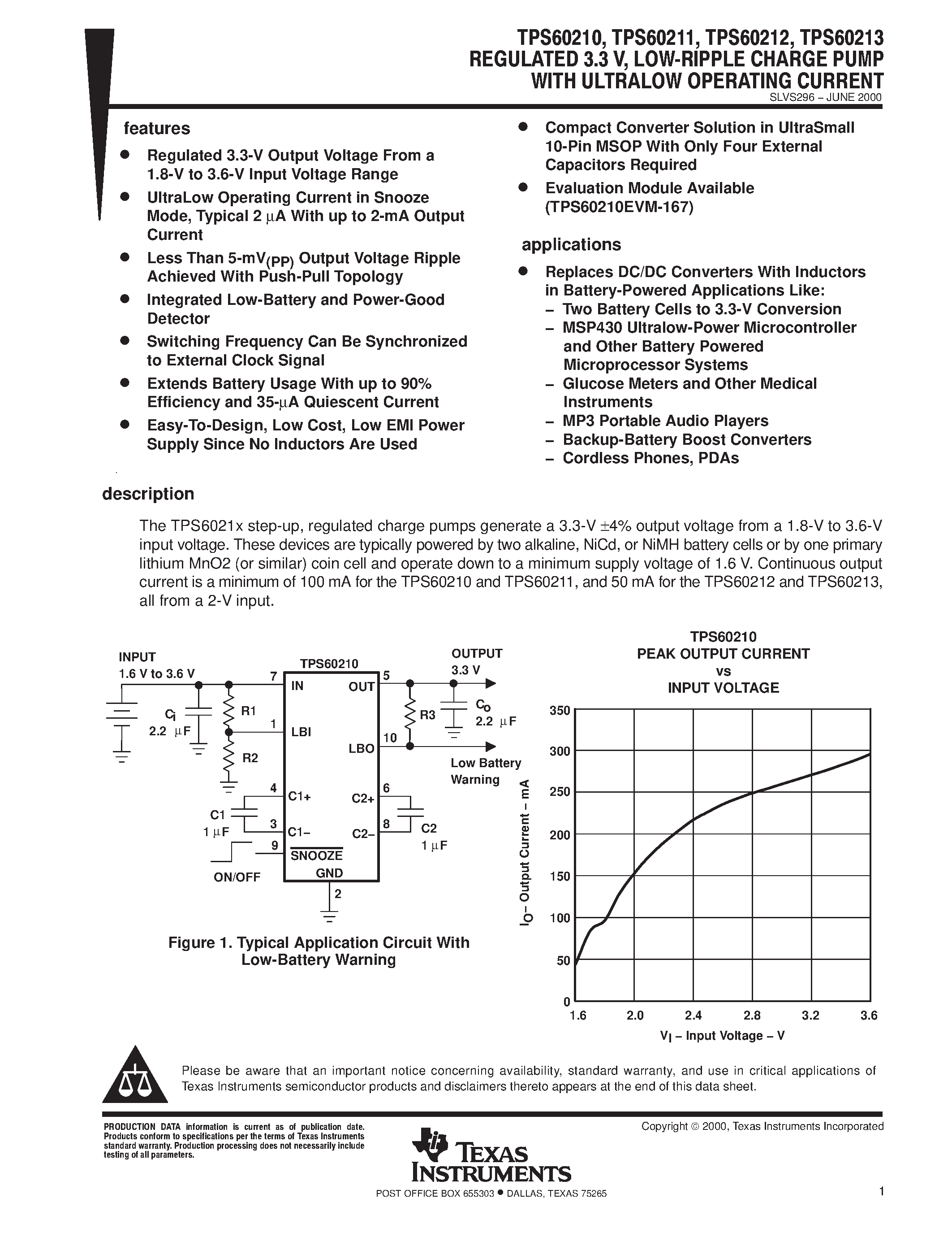 Datasheet TPS60210DGS - REGULATED 3.3V LOW RIPPLE CHARGE PUMP WITH ULTRA LOW OPERATING CURRENT page 1