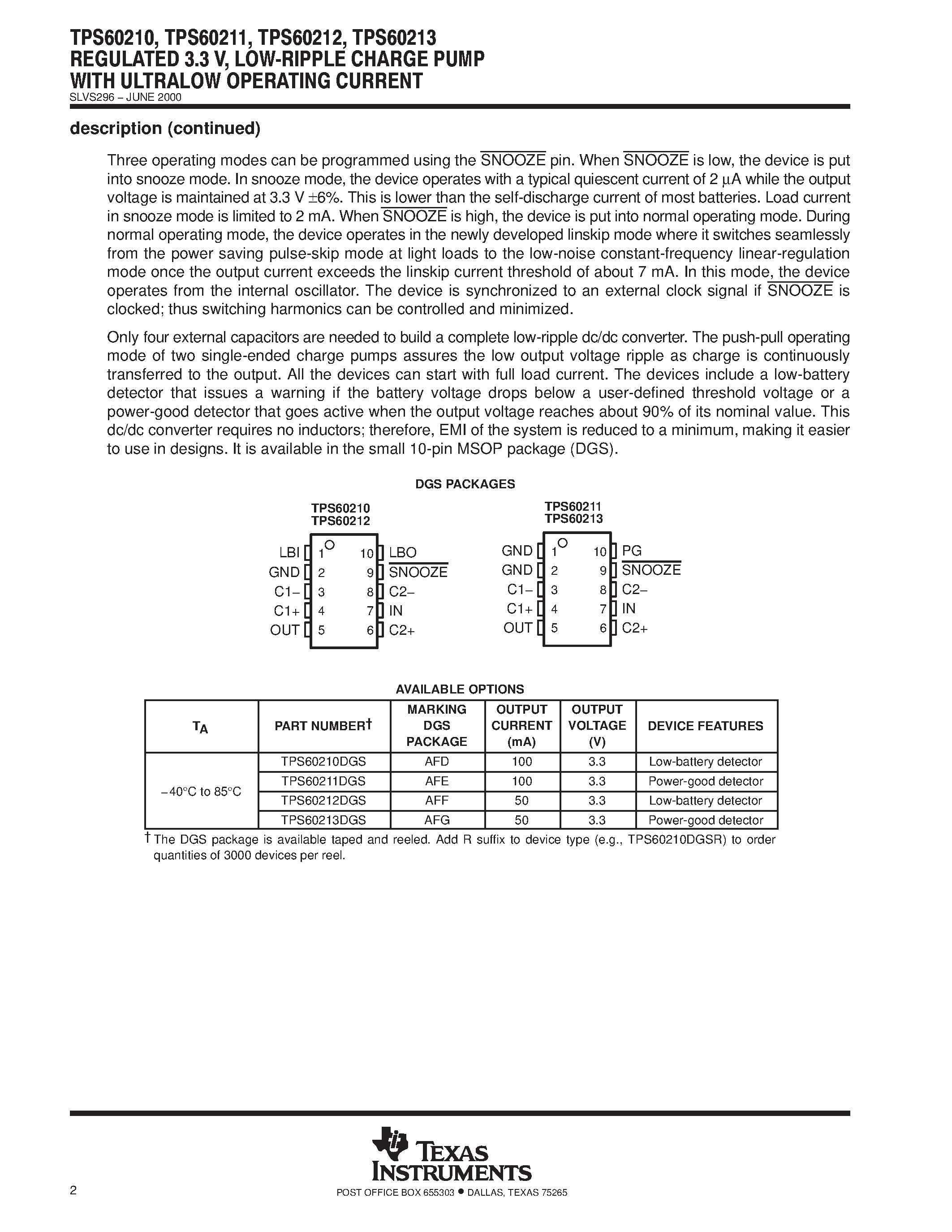 Datasheet TPS60210DGS - REGULATED 3.3V LOW RIPPLE CHARGE PUMP WITH ULTRA LOW OPERATING CURRENT page 2