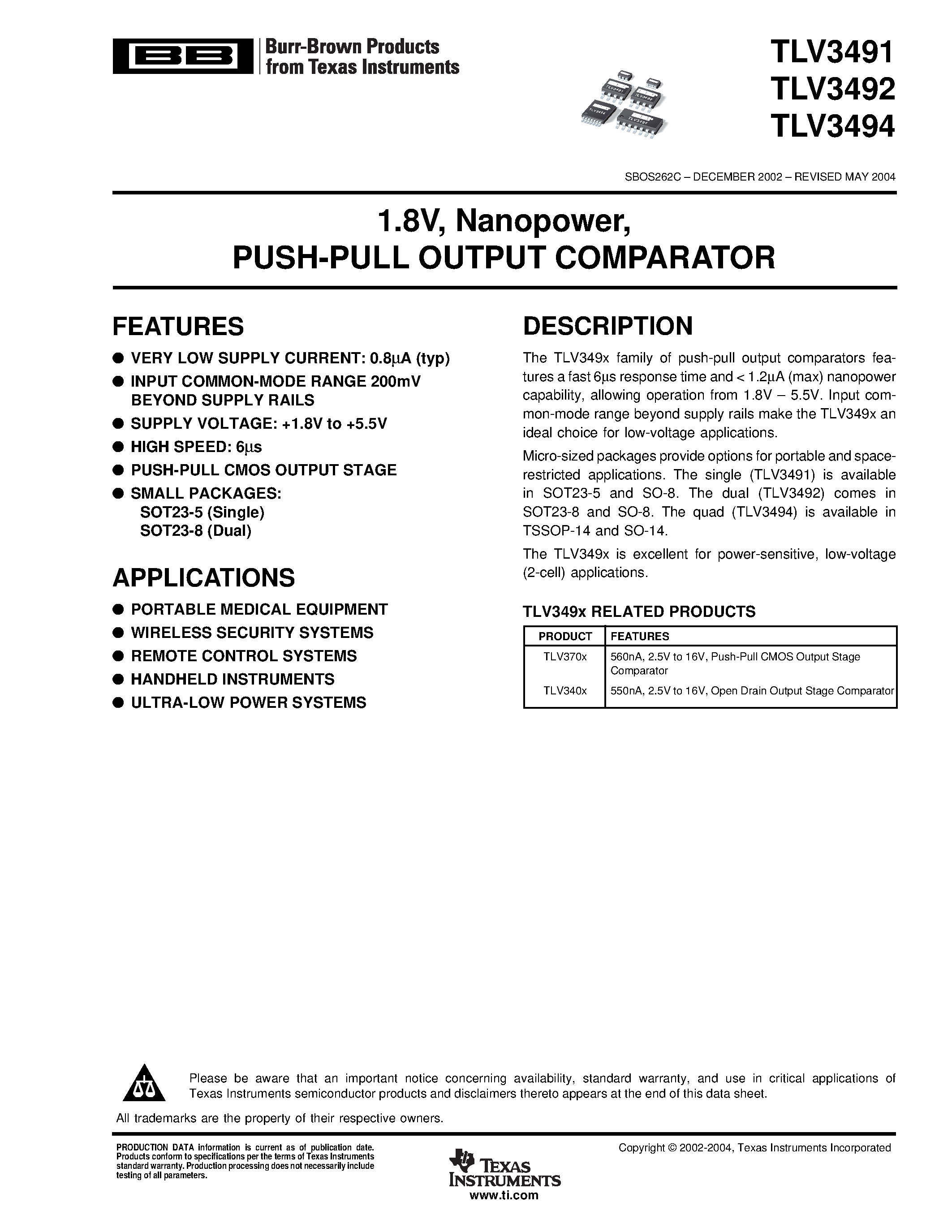Datasheet TLV3492AID - 1.8V/ Nanopower PUSH-PULL OUTPUT COMPARATOR page 1