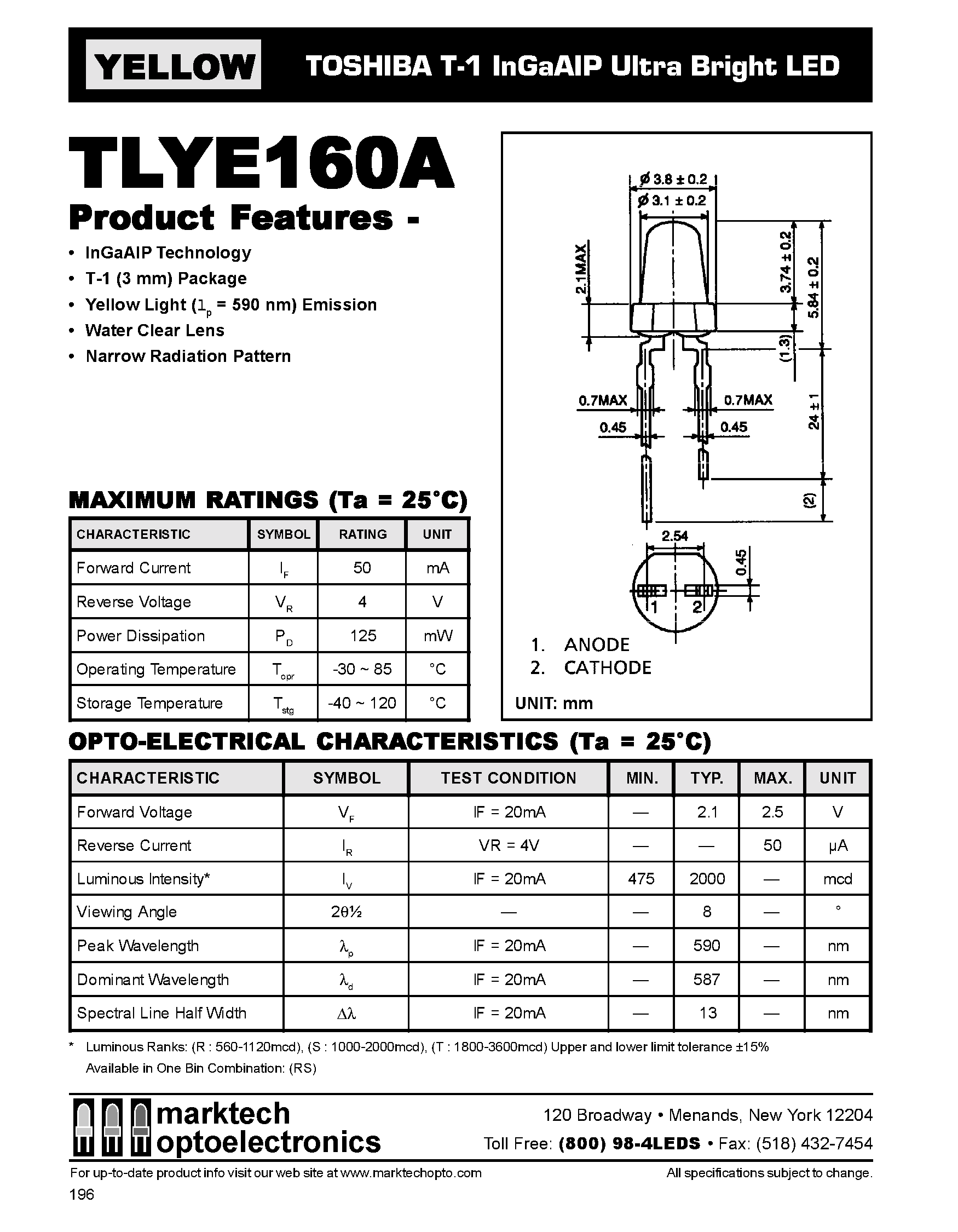 Даташит на микросхему TLYE160A страница 1 Даташит TLYE160A - TOSHIBA T-1 InGaAIP Ultra Bright LED страница 1