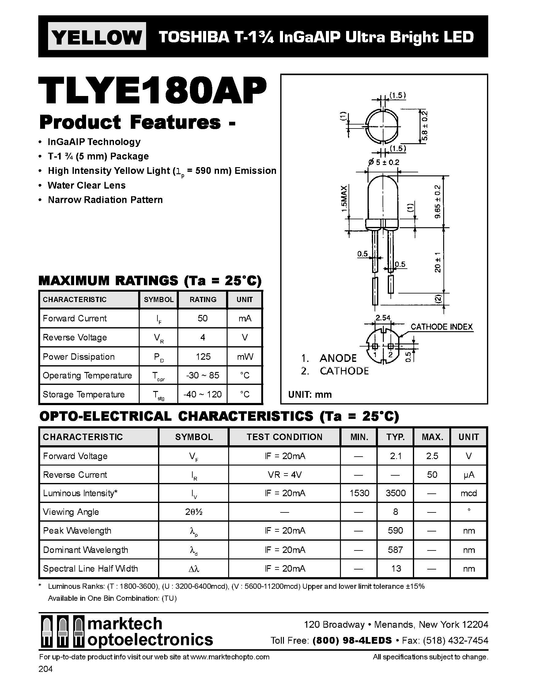 Datasheet TLYE180AP - TOSHIBA T-1 3/4 InGaAIP Ultra Bright LED page 1