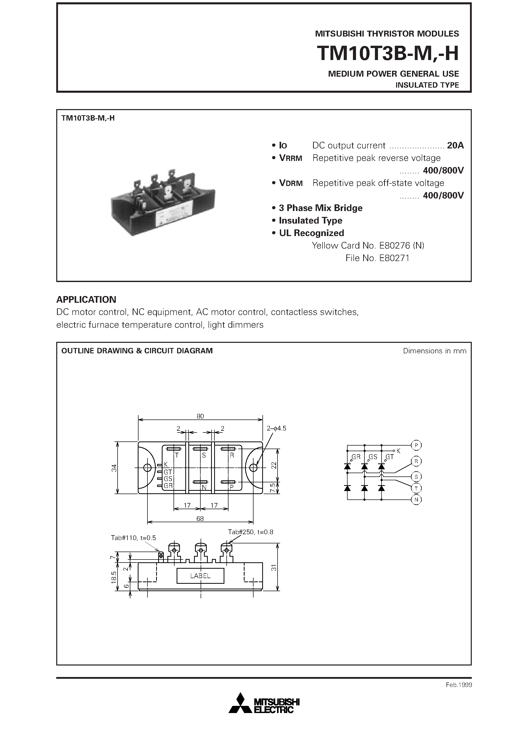 Даташит на микросхему TM10T3B-H страница 1 Даташит TM10T3B-H - MEDIUM POWER GENERAL USE INSULATED TYPE страница 1