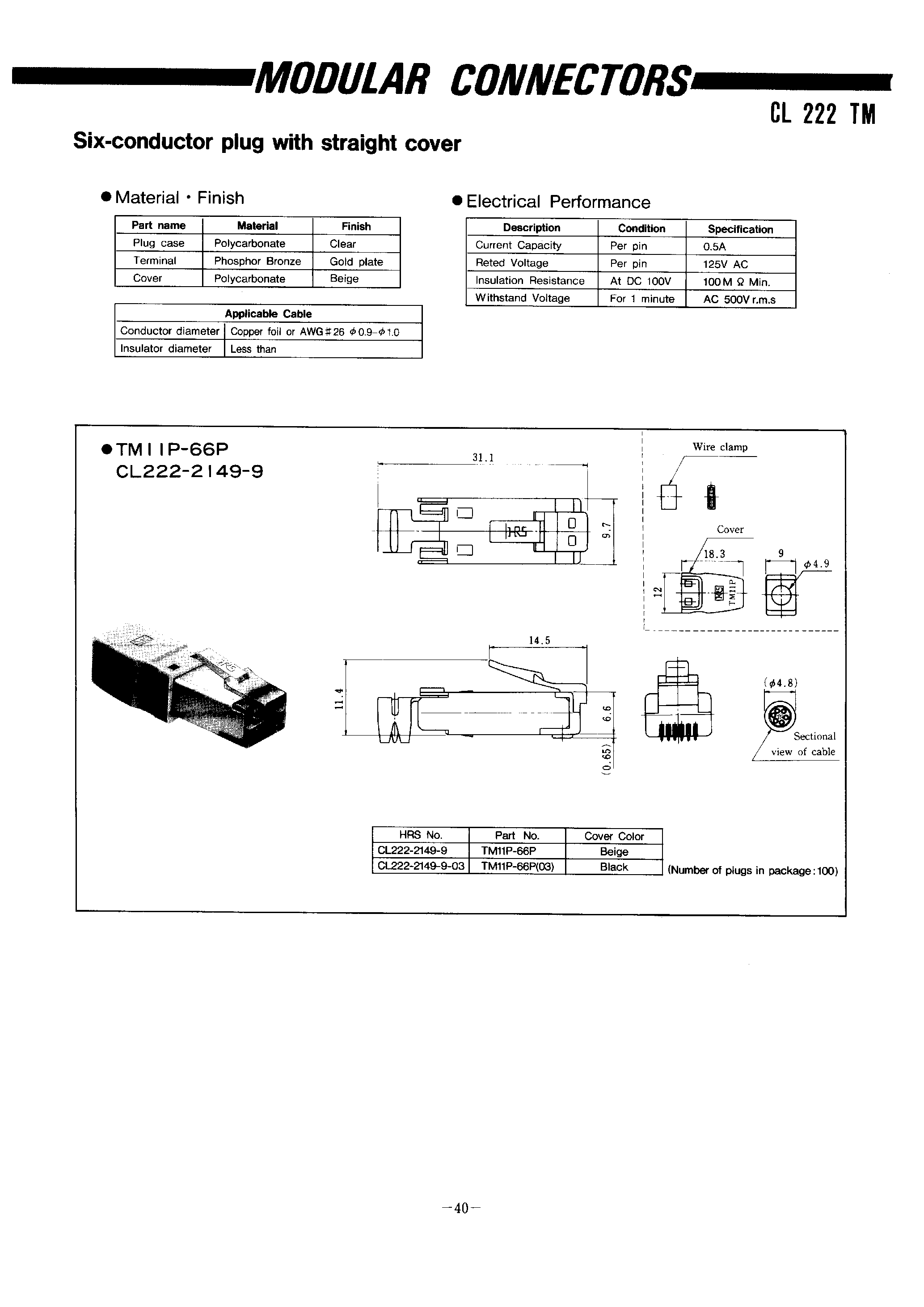 Datasheet TM11APA-88P page 1 Datasheet TM11APA-88P - MODULAR CONNECTORS(Six-conductor plug with straight cover) page 1