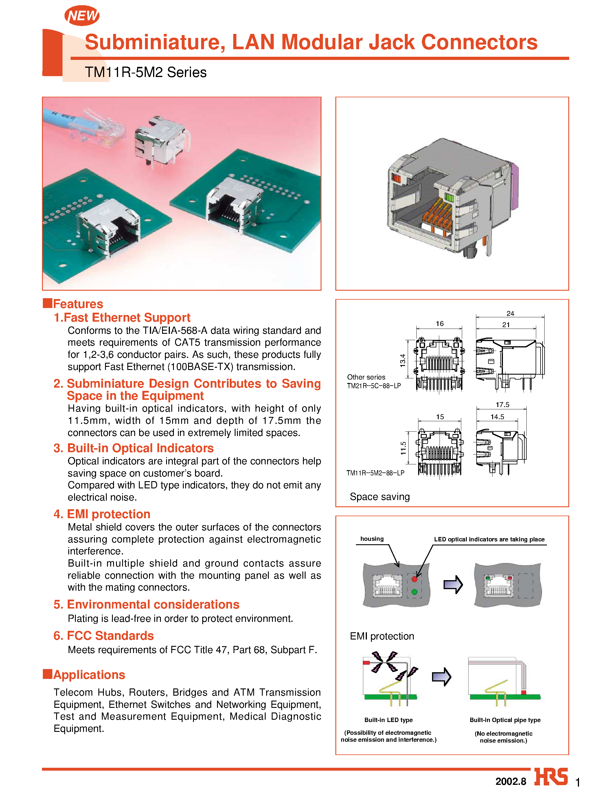 Datasheet TM11R-5M2-88 - Subminiature/ LAN Modular Jack Connectors page 1