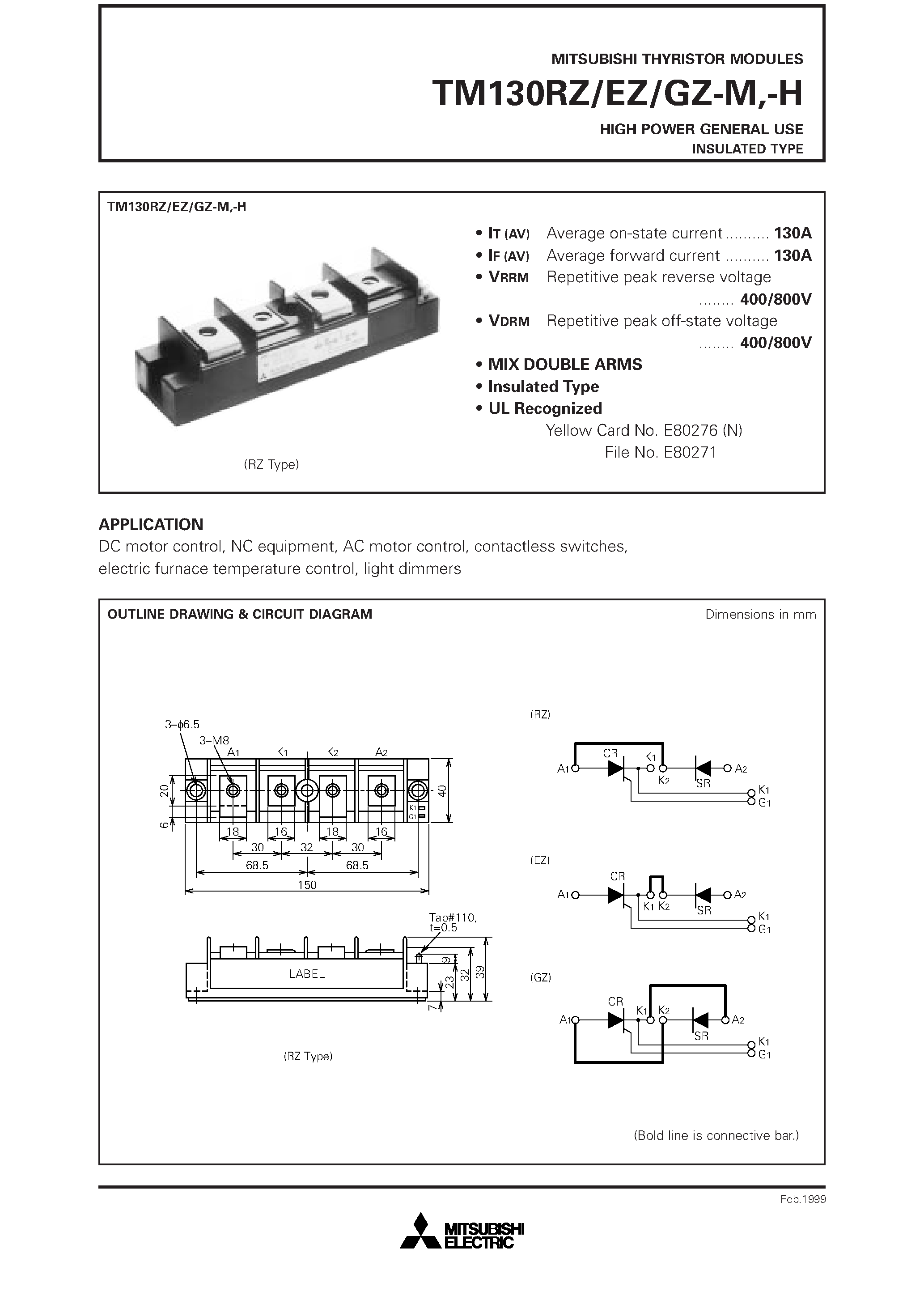 Datasheet TM130EZ-M - HIGH POWER GENERAL USE INSULATED TYPE page 1