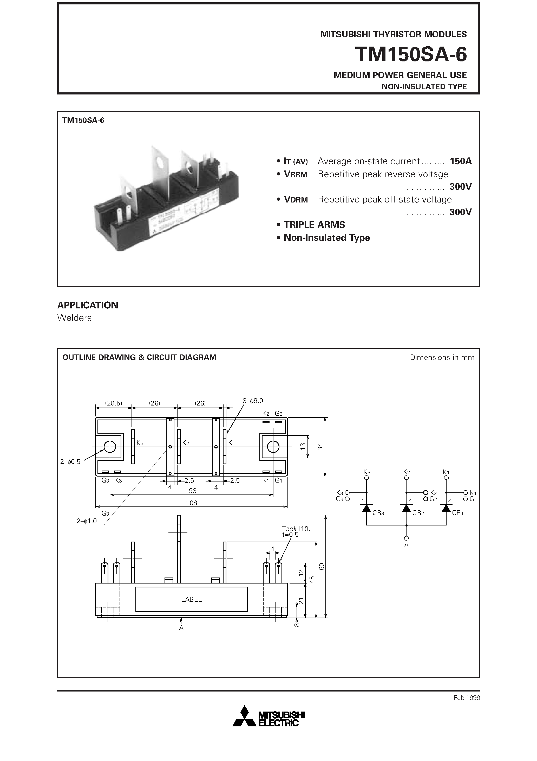 Datasheet TM150SA-6 page 1 Datasheet TM150SA-6 - MEDIUM POWER GENERAL USE NON-INSULATED TYPE page 1