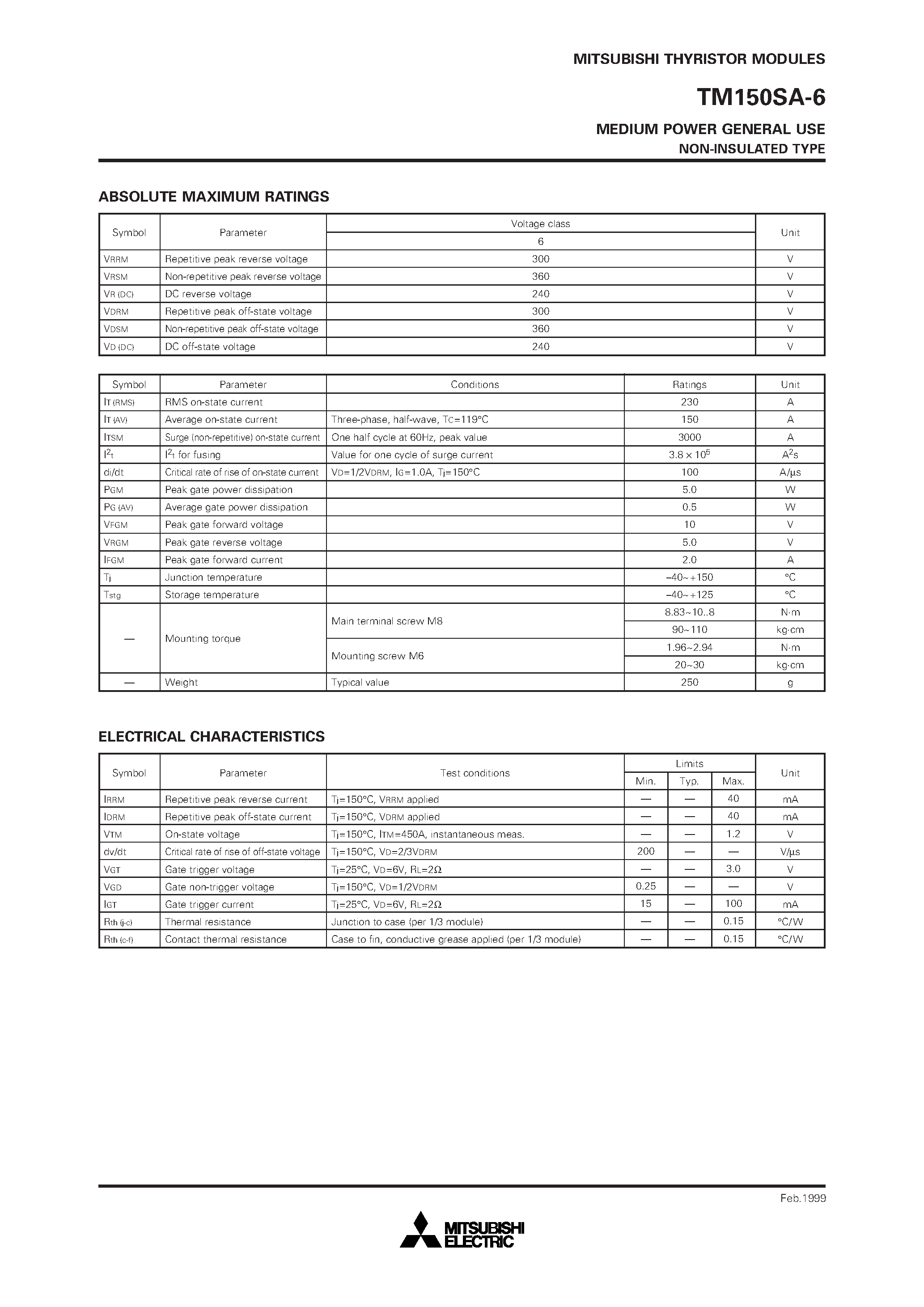 Datasheet TM150SA-6 page 2 Datasheet TM150SA-6 - MEDIUM POWER GENERAL USE NON-INSULATED TYPE page 2