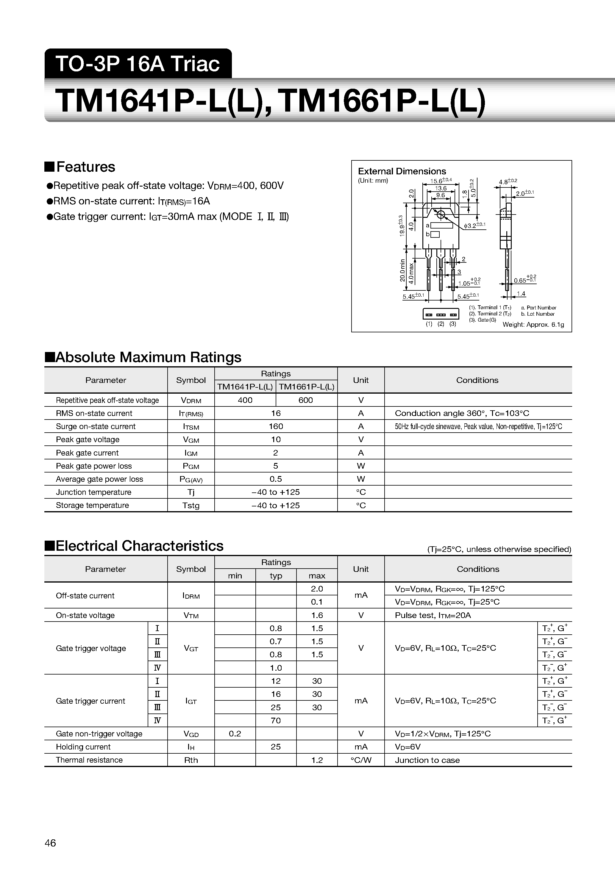 Даташит на микросхему TM1661P-LL страница 1 Даташит TM1661P-LL - TO-3P 16A Triac страница 1