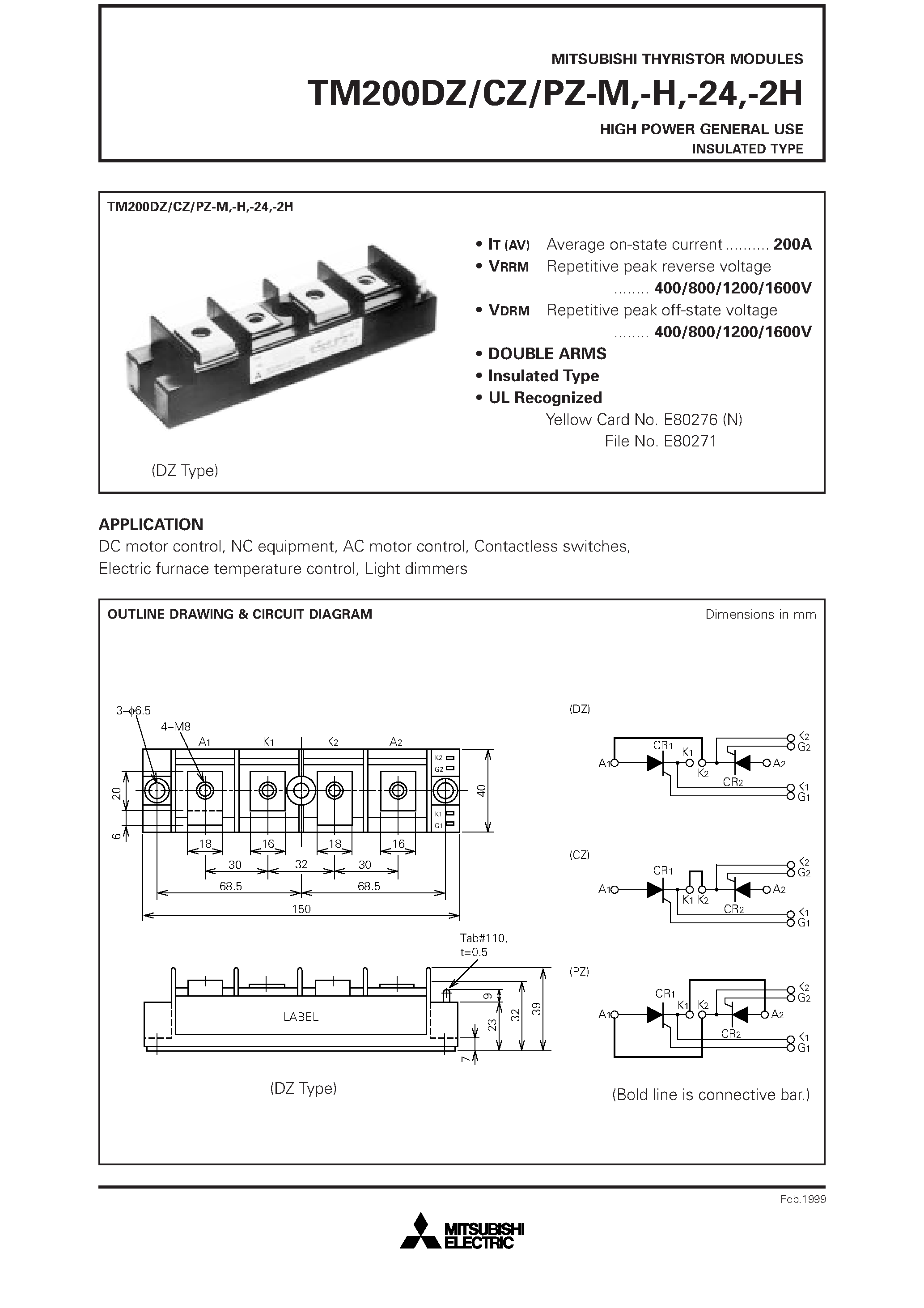 Даташит TM200CZ-M - HIGH POWER GENERAL USE INSULATED TYPE страница 1