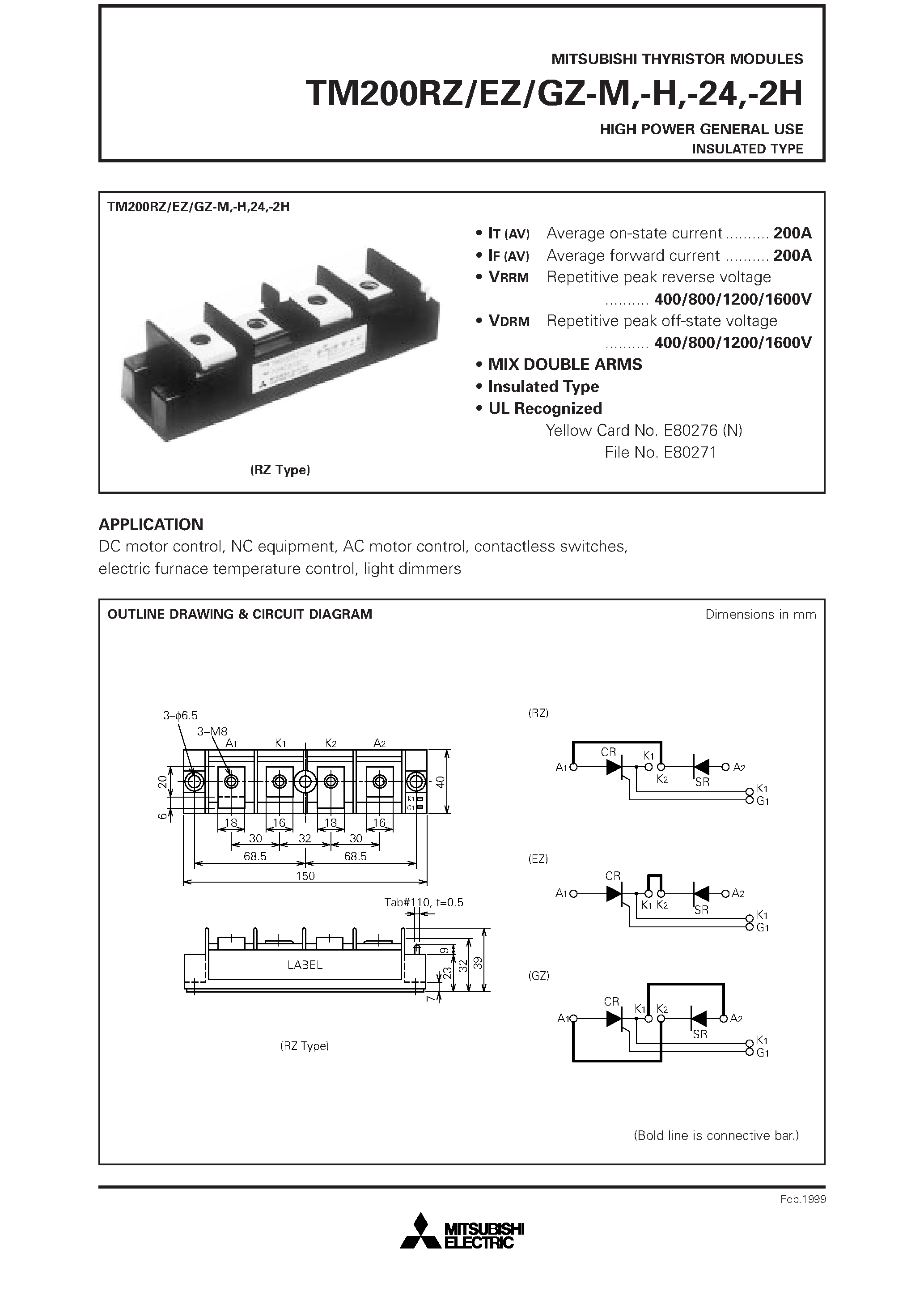 Даташит TM200RZ-M - HIGH POWER GENERAL USE INSULATED TYPE страница 1