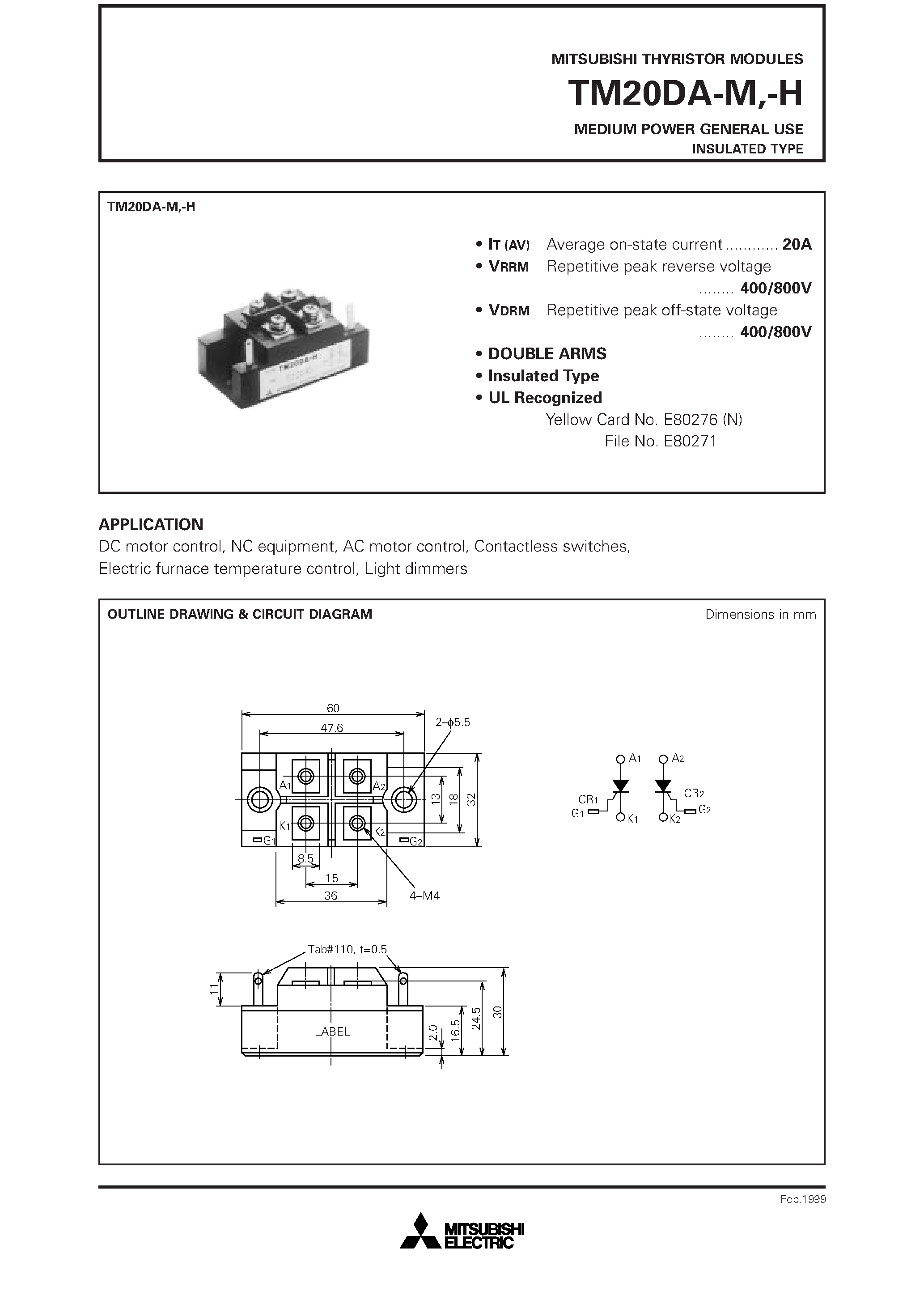 Datasheet TM20DA-H page 1 Datasheet TM20DA-H - MEDIUM POWER GENERAL USE INSULATED TYPE page 1