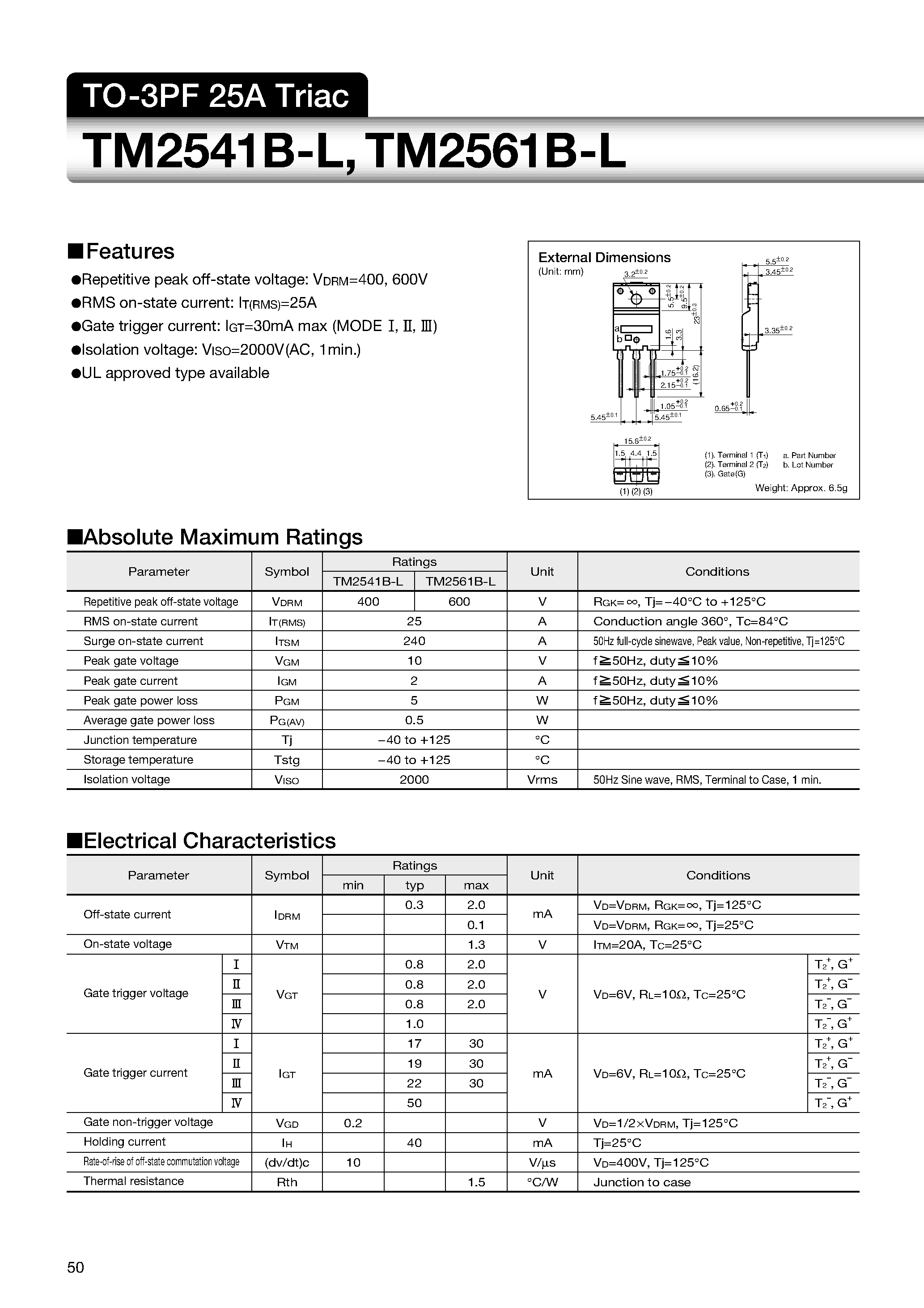 Datasheet TM2561B-L page 1 Datasheet TM2561B-L - TO-3PF 25A Triac page 1