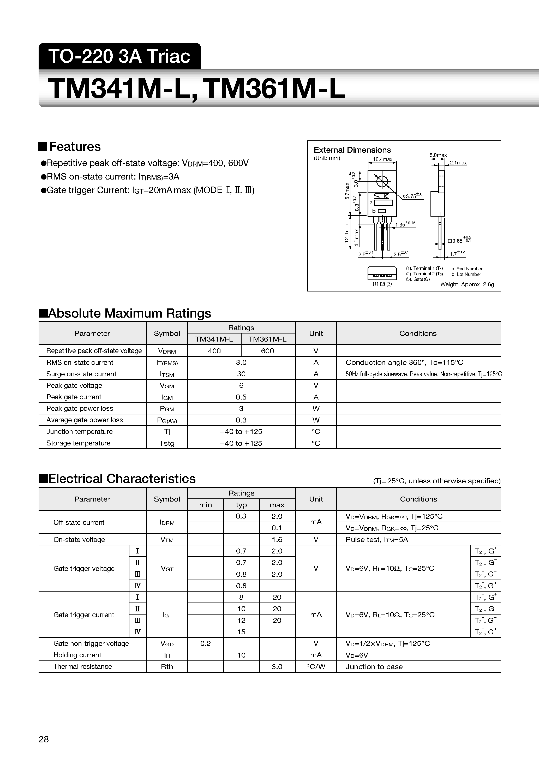 Datasheet TM341M-L page 1 Datasheet TM341M-L - TO-220 3A Triac page 1