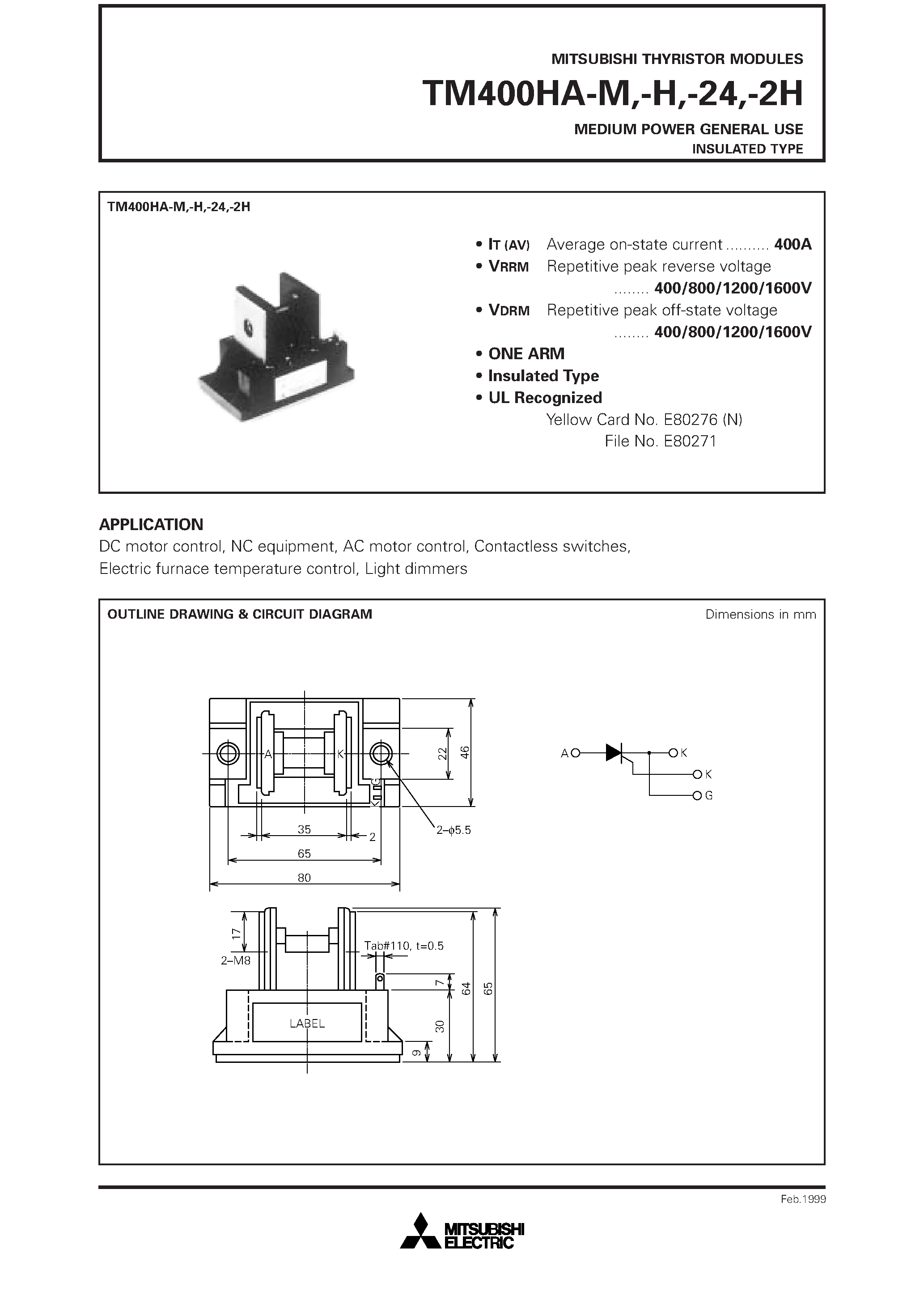 Даташит TM400HA-M - MEDIUM POWER GENERAL USE INSULATED TYPE страница 1