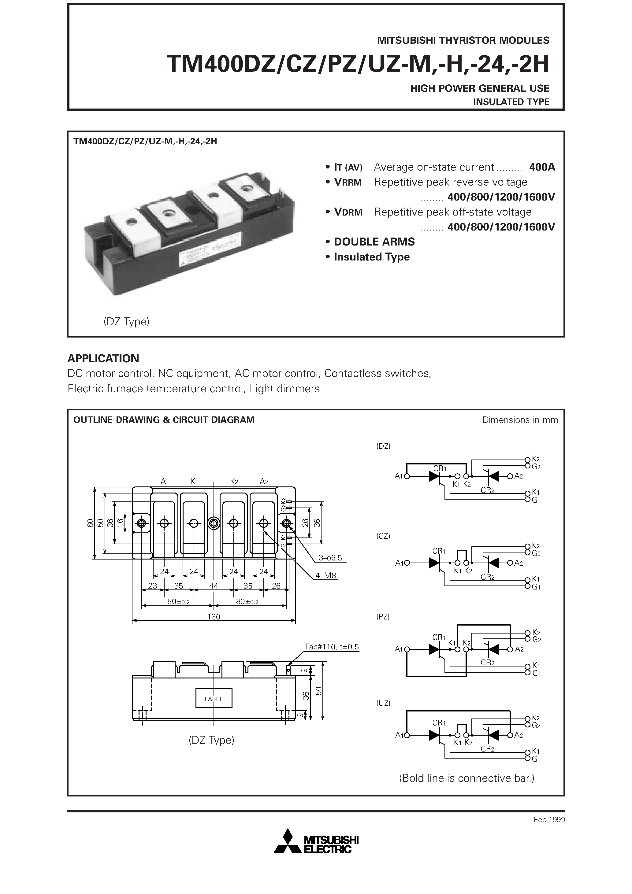 Даташит TM400PZ-M - HIGH POWER GENERAL USE INSULATED TYPE страница 1