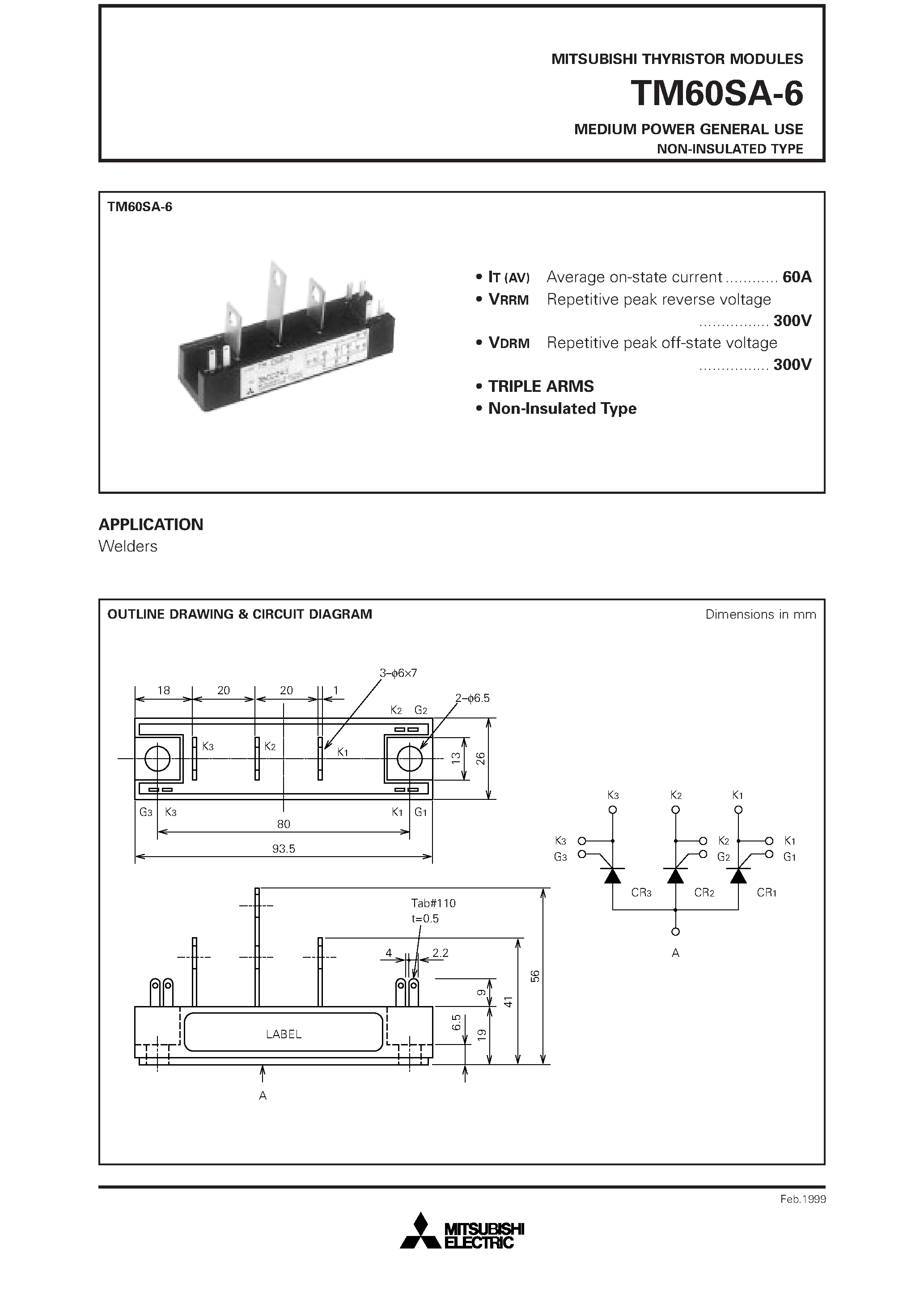 Даташит TM60SA-6 - MEDIUM POWER GENERAL USE NON-INSULATED TYPE страница 1
