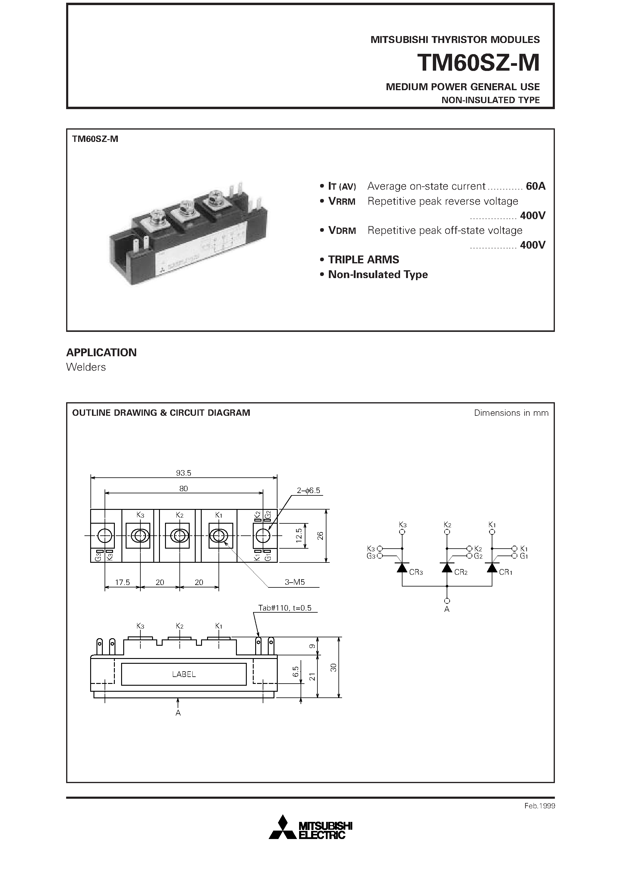 Даташит TM60SZ-M - MEDIUM POWER GENERAL USE NON-INSULATED TYPE страница 1