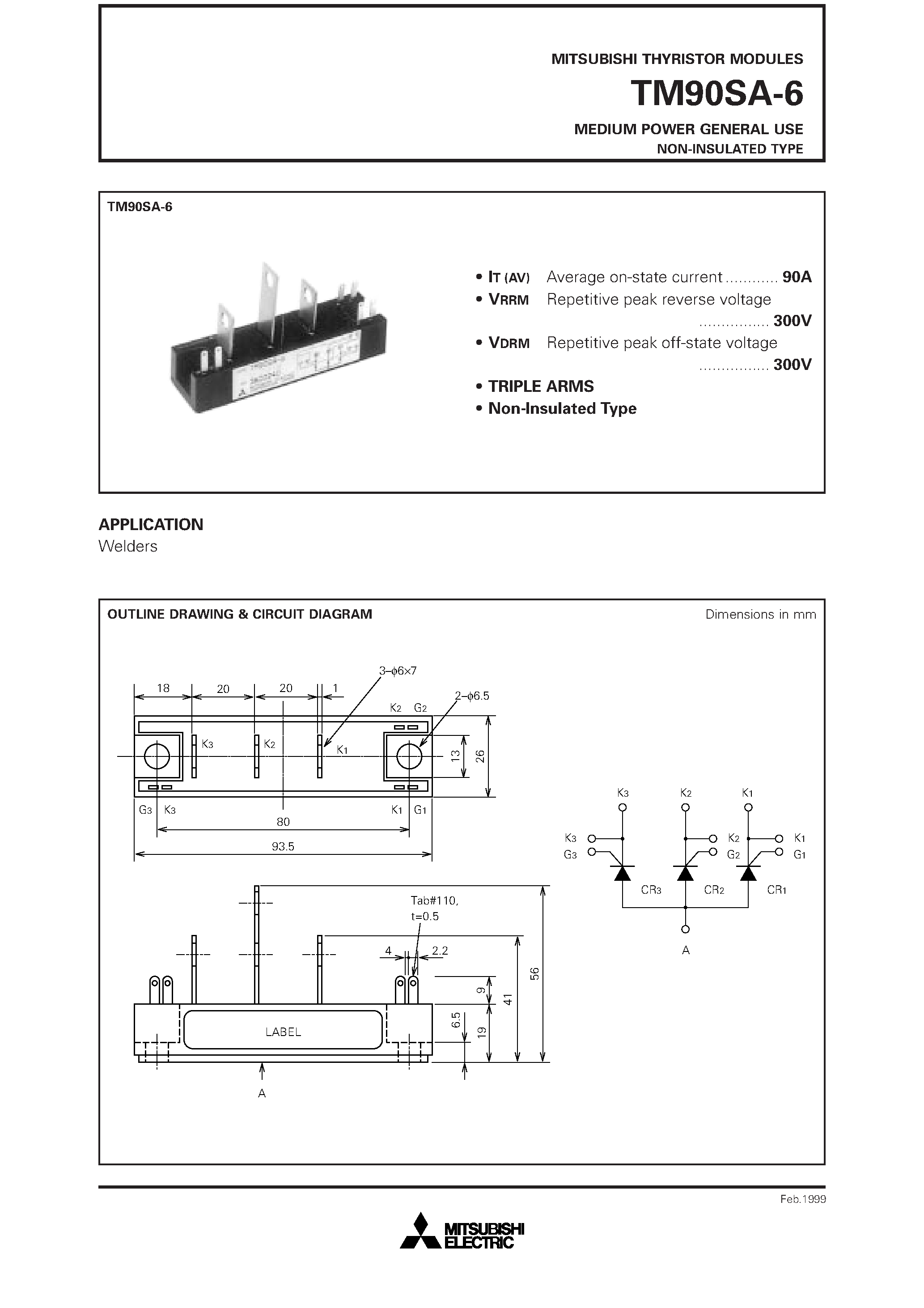 Datasheet TM90SA-6 page 1 Datasheet TM90SA-6 - MEDIUM POWER GENERAL USE NON-INSULATED TYPE page 1