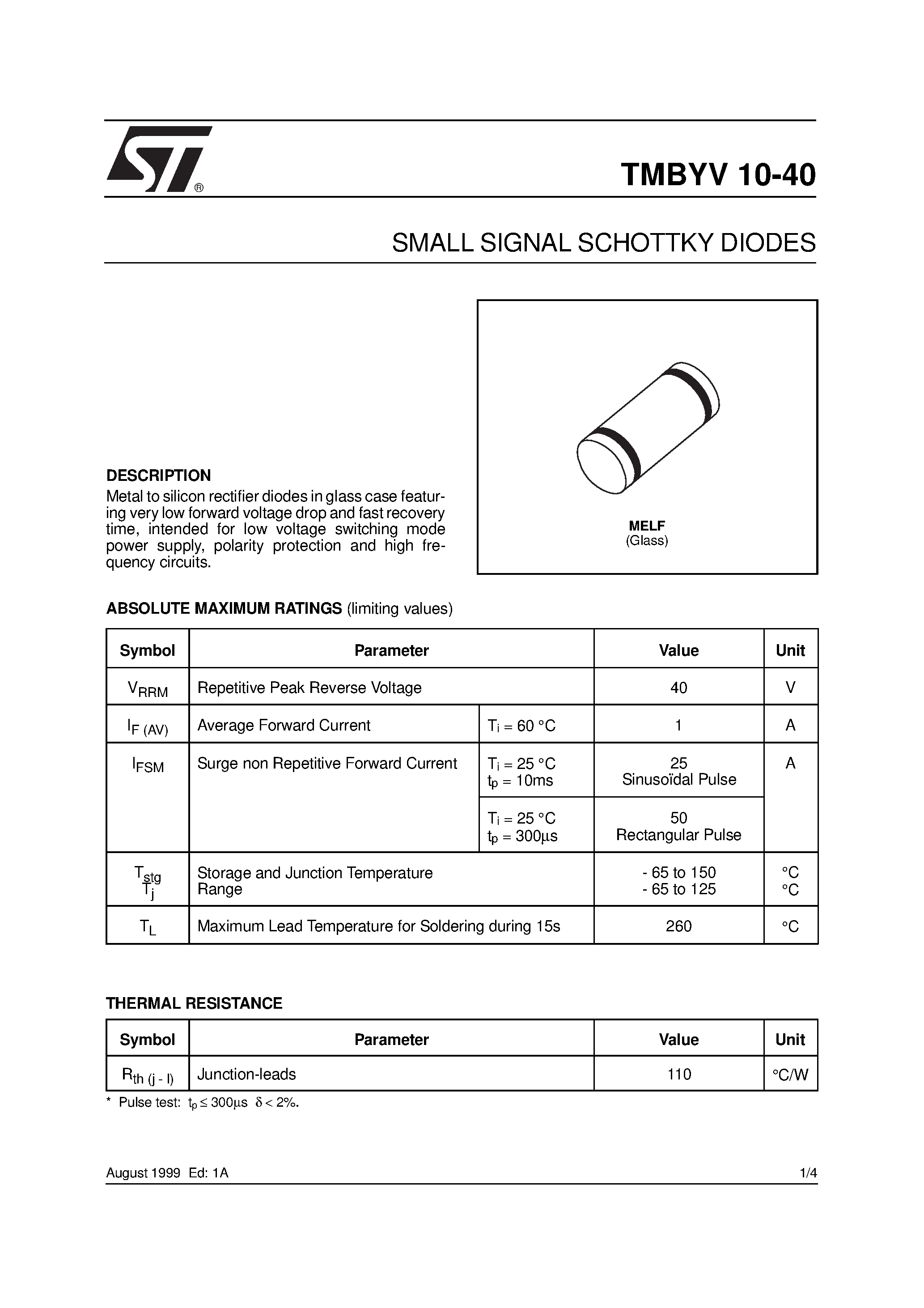 Даташит на микросхему TMBYV10-40 страница 1 Даташит TMBYV10-40 - SMALL SIGNAL SCHOTTKY DIODES страница 1