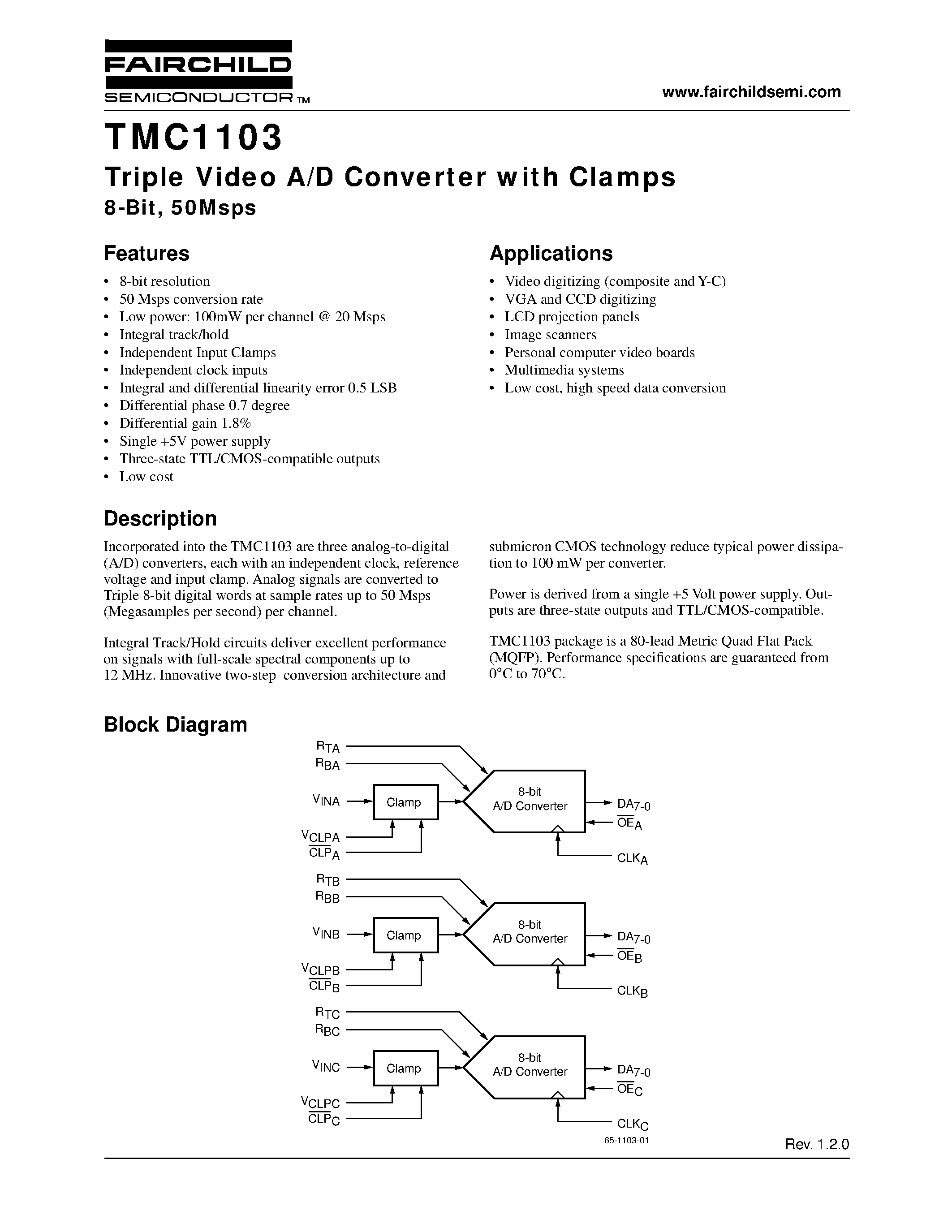 Datasheet TMC1103 page 1 Datasheet TMC1103 - Triple Video A/D Converter with Clamps 8-Bit/ 50Msps page 1