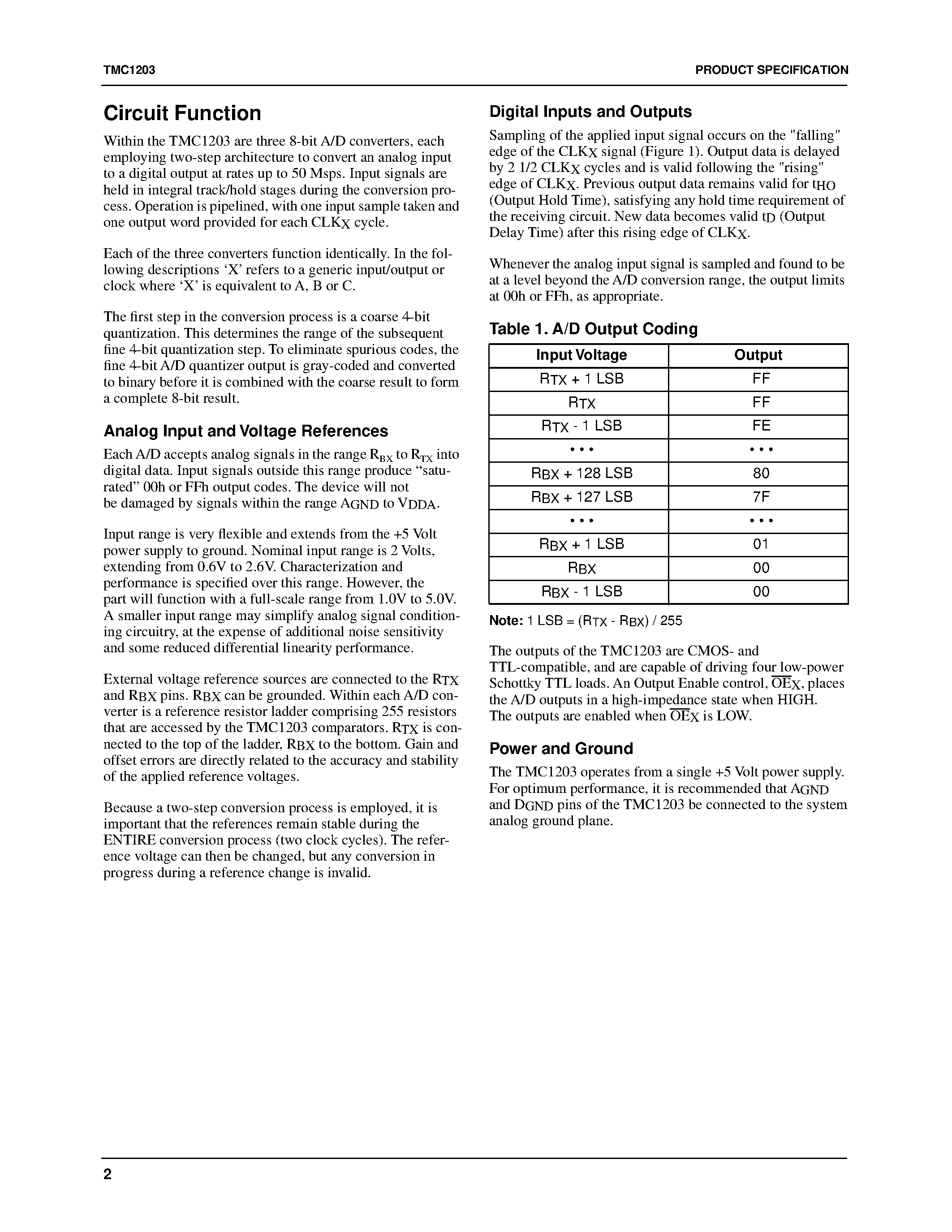Datasheet TMC1203KLC20 page 2 Datasheet TMC1203KLC20 - Triple Video A/D Converter page 2