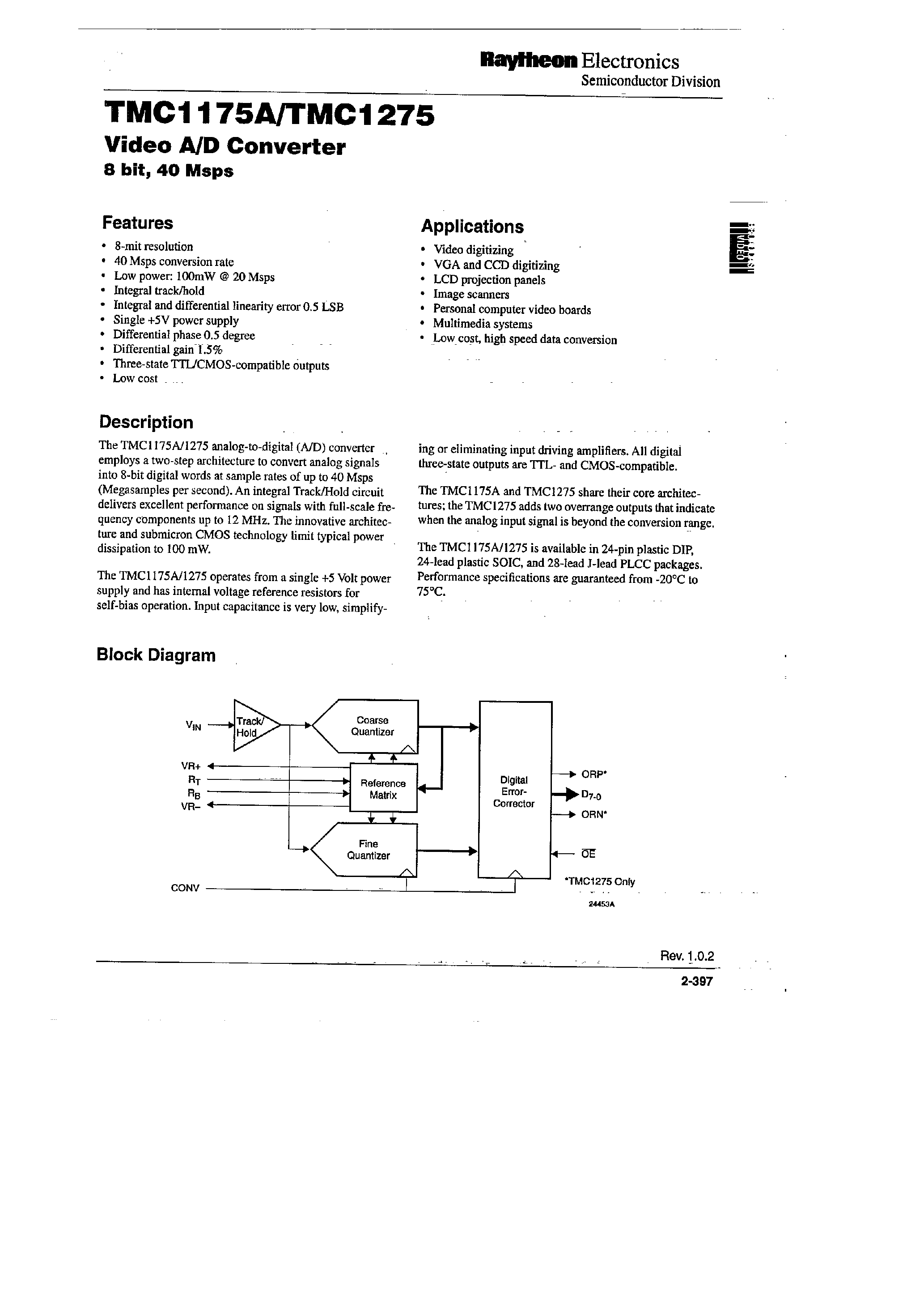 Datasheet TMC1275N2C20 page 1 Datasheet TMC1275N2C20 - Video A/D Conveter page 1