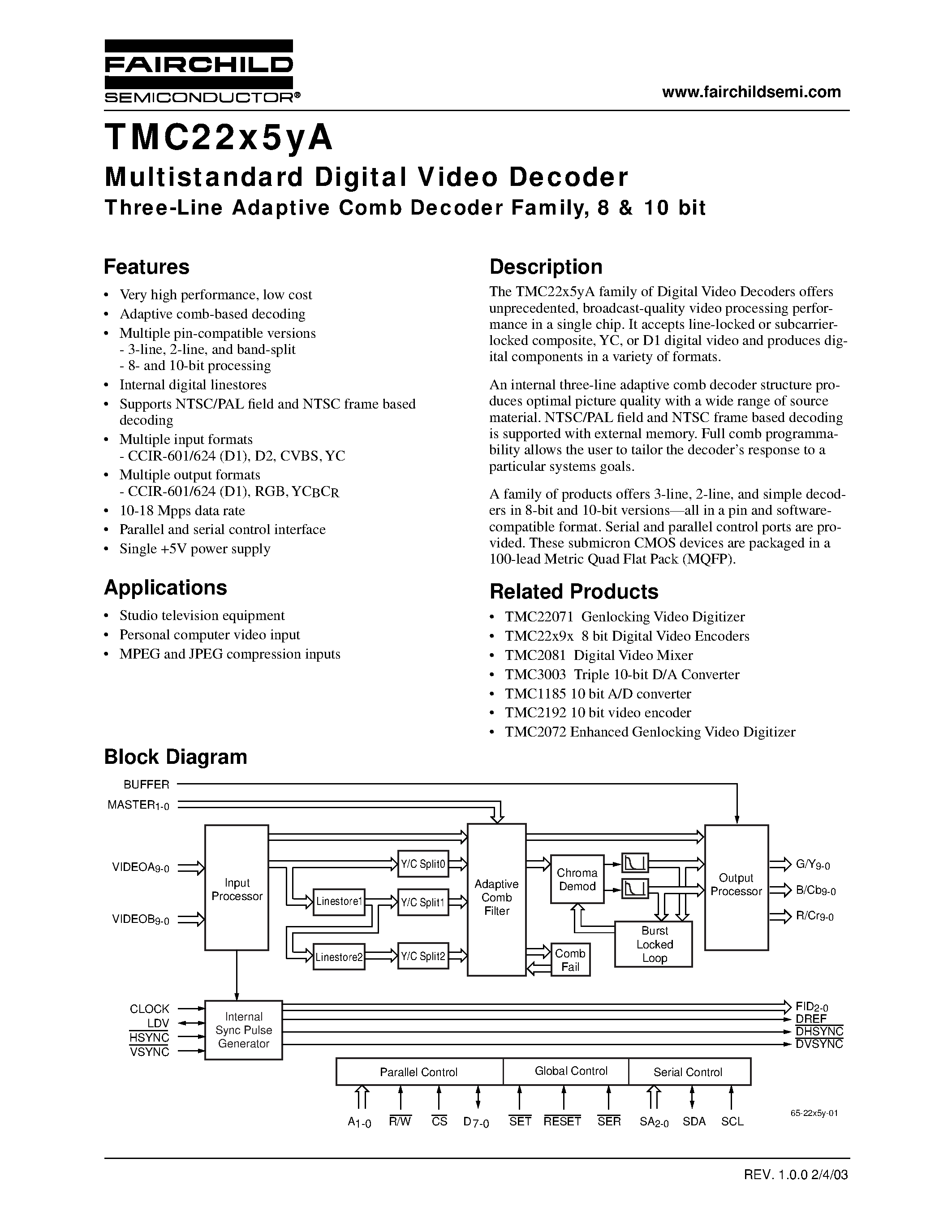 Даташит TMC22153AKHC - Multistandard Digital Video Decoder Three-Line Adaptive Comb Decoder Family/ 8 & 10 bit страница 1