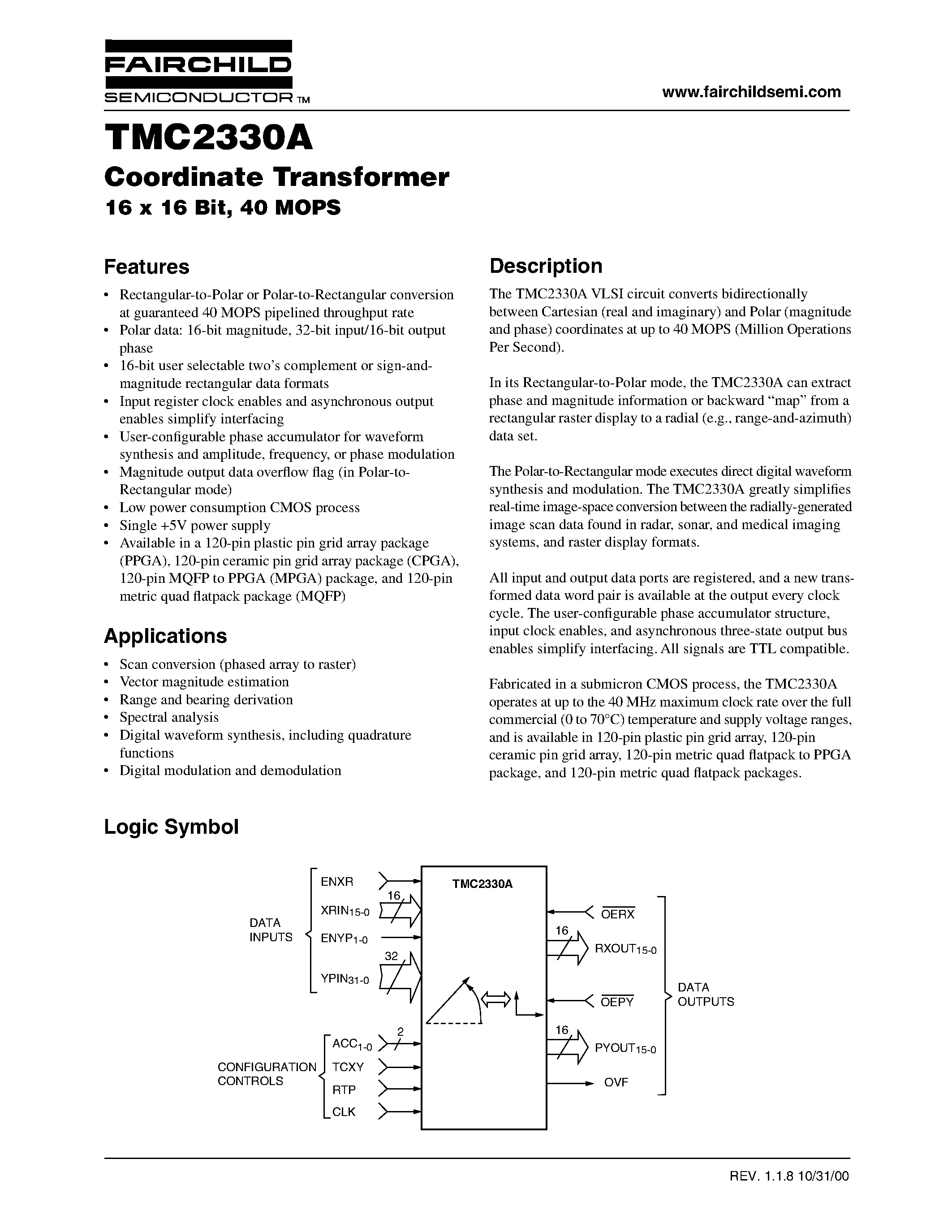 Даташит TMC2330AH6C - Coordinate Transformer 16 x 16 Bit/ 40 MOPS страница 1