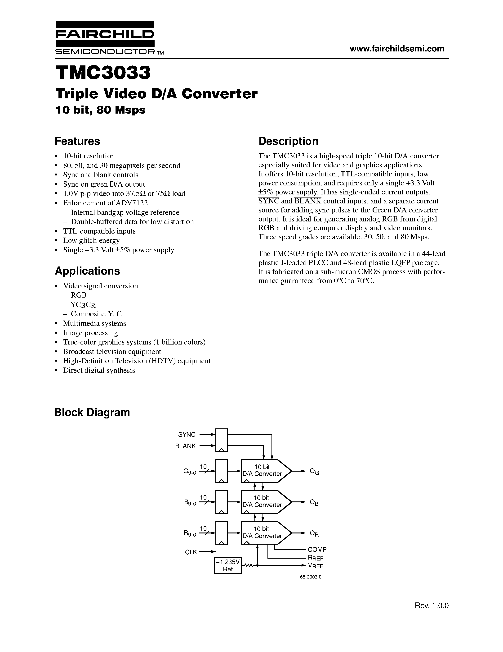 Даташит на микросхему TMC3033R2C80 страница 1 Даташит TMC3033R2C80 - Triple Video D/A Converter 10 bit/ 80 Msps страница 1