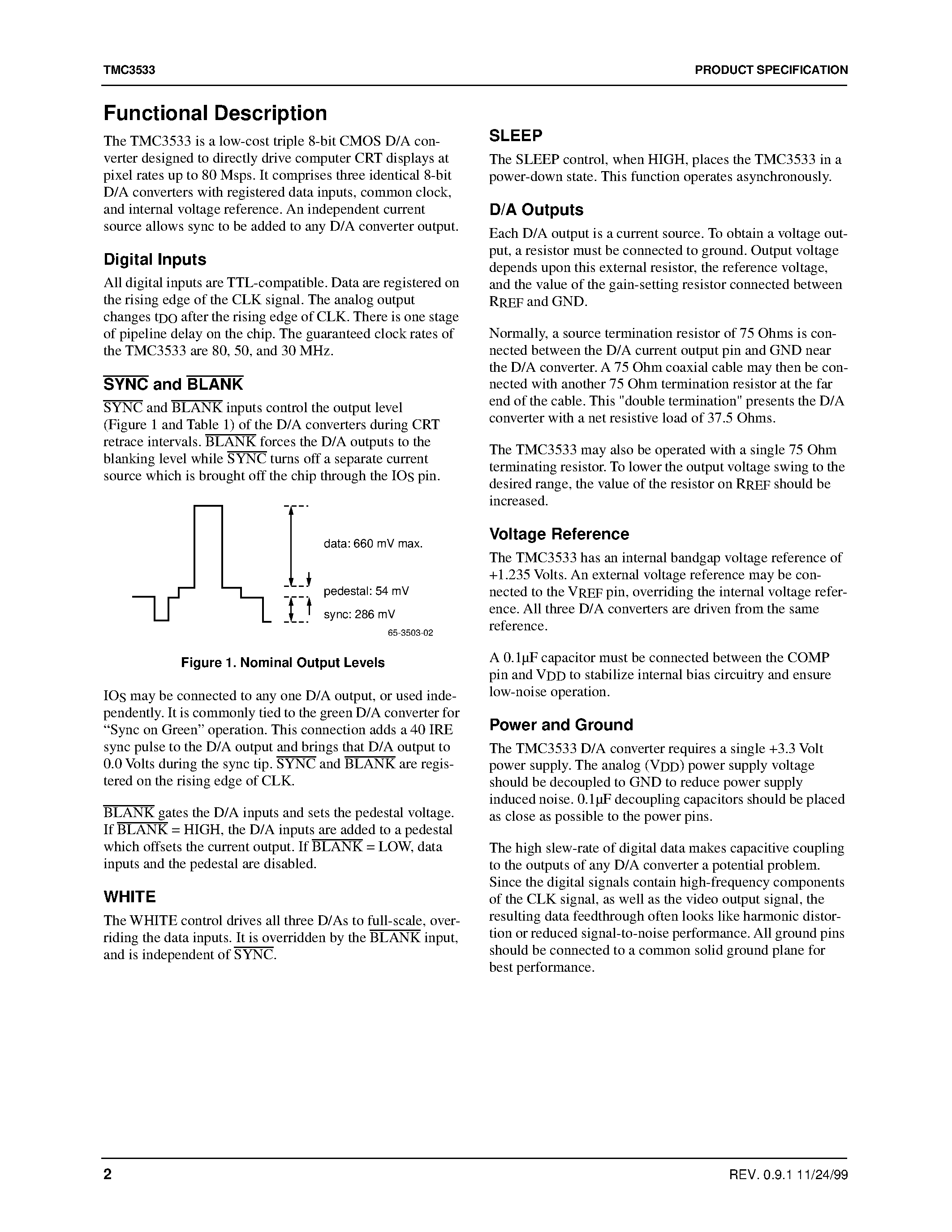 Datasheet TMC3533KRC30 page 2 Datasheet TMC3533KRC30 - Triple Video D/A Converter 8 bit/ 80 Msps/ 3.3V page 2