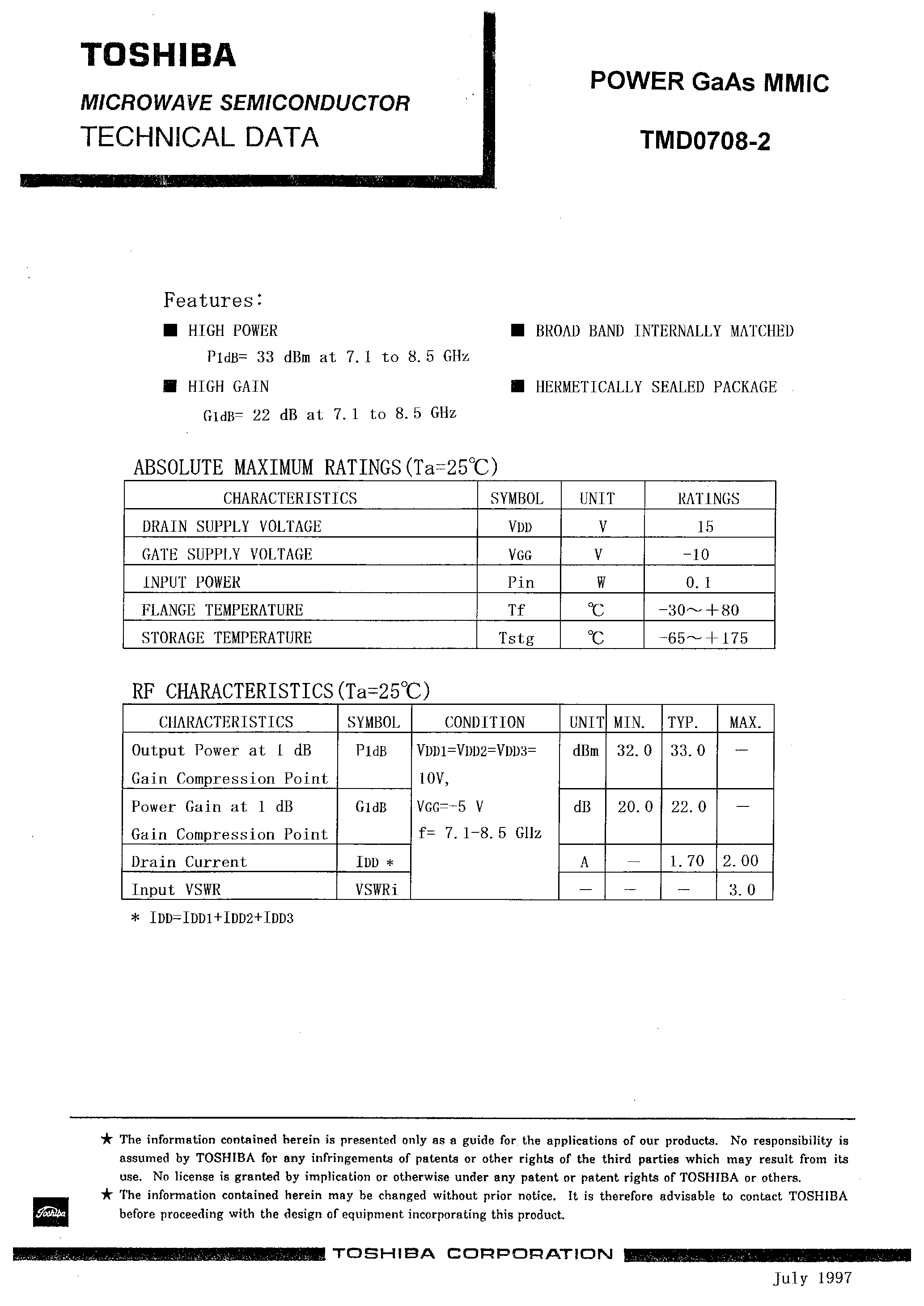 Datasheet TMD0708-2 - POWER GAAS MMIC page 1