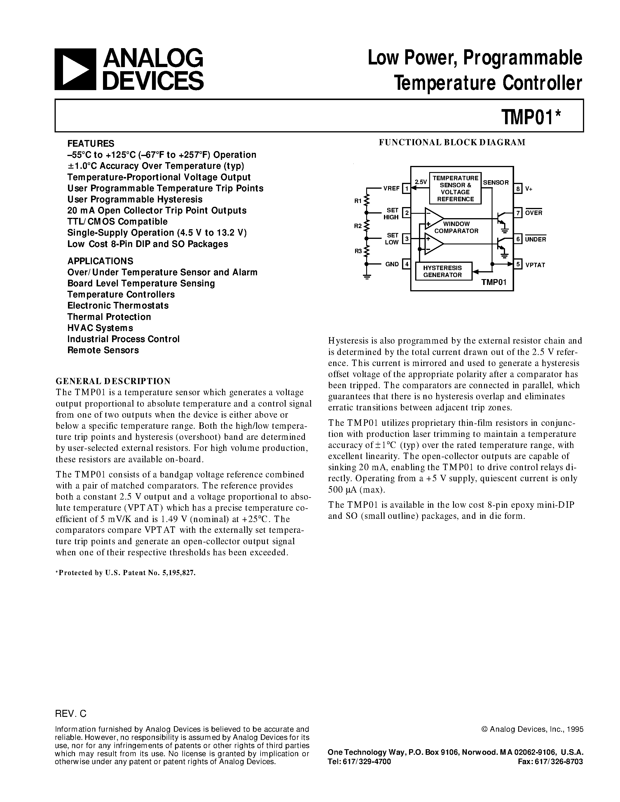 Даташит TMP01FS - Low Power/ Programmable Temperature Controller страница 1