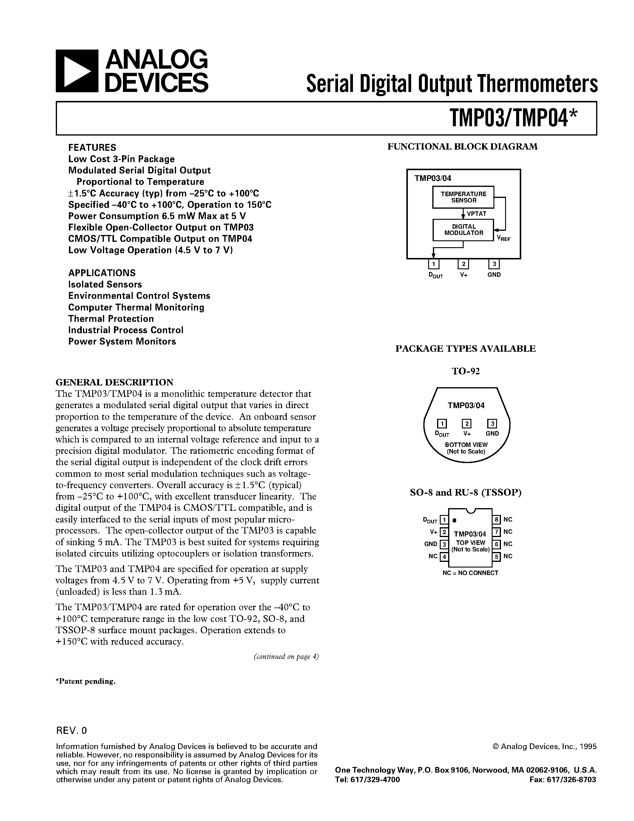 Даташит TMP04FT9 - Serial Digital Output Thermometers страница 1