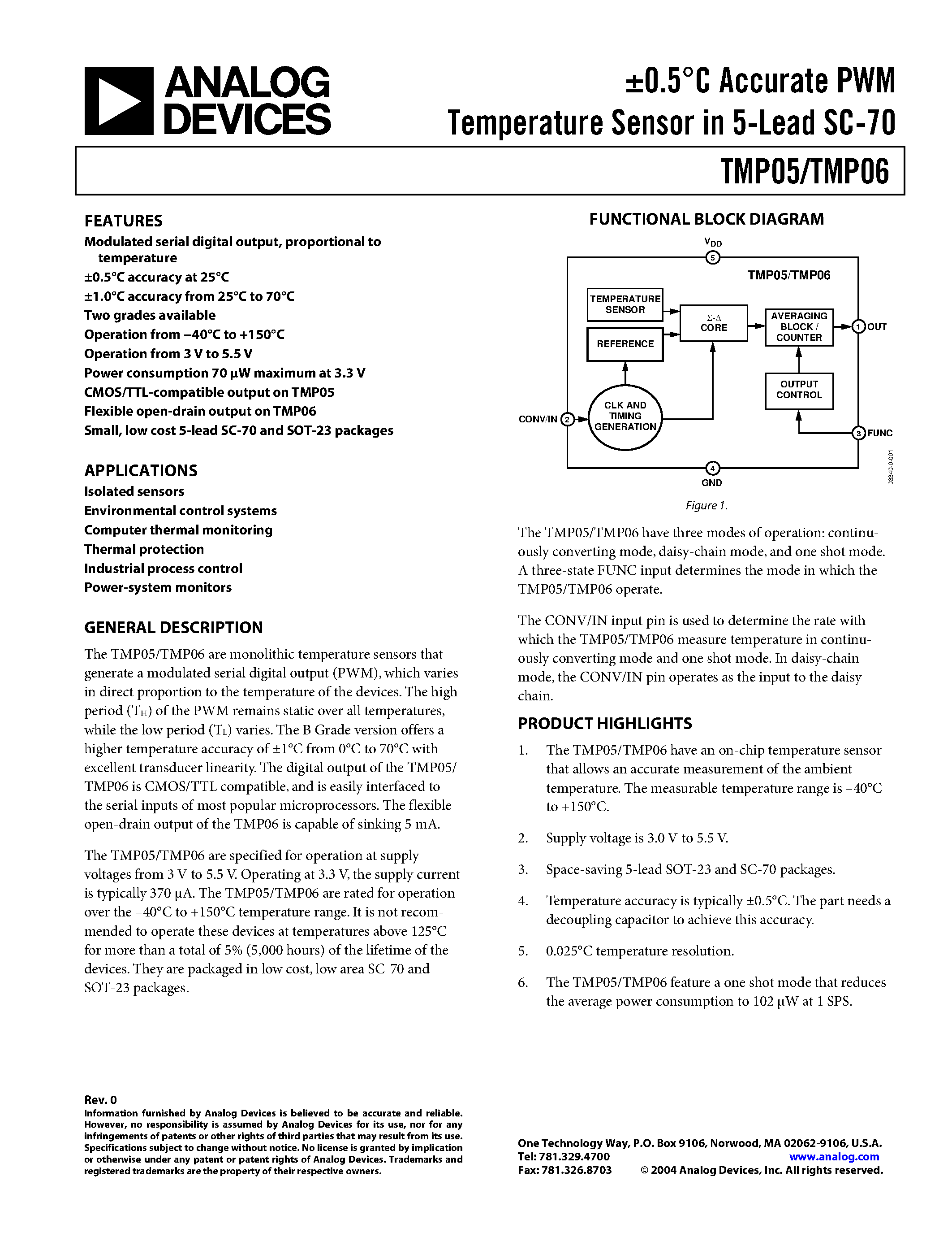 Datasheet TMP05ARTZ-REEL7 page 1 Datasheet TMP05ARTZ-REEL7 - 0.5C Accurate PWM Temperature Sensor in 5-Lead SC-70 page 1
