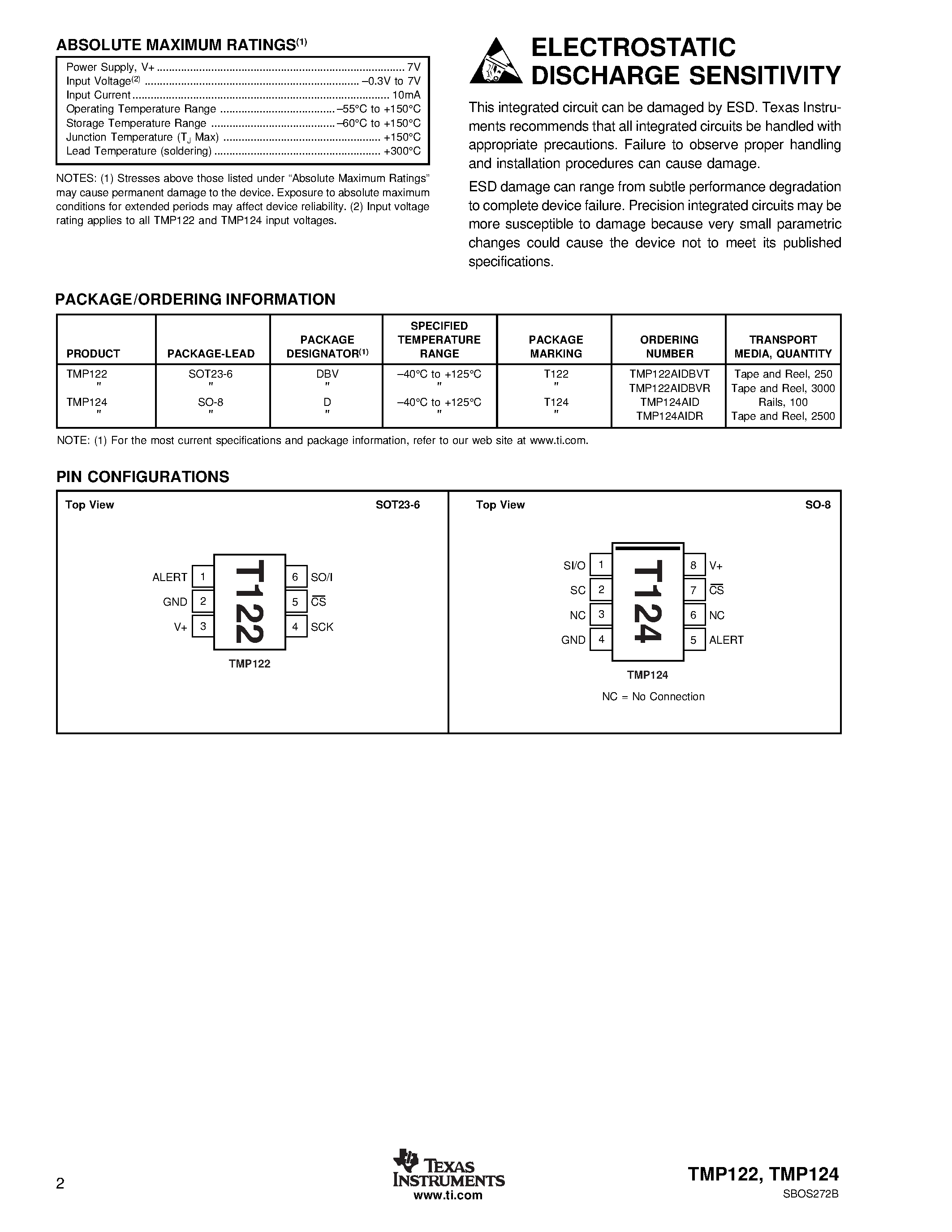 Даташит TMP122AIDBVR - 1.5C Accurate Programmable Digital Temperature Sensors with SPI Interface страница 2
