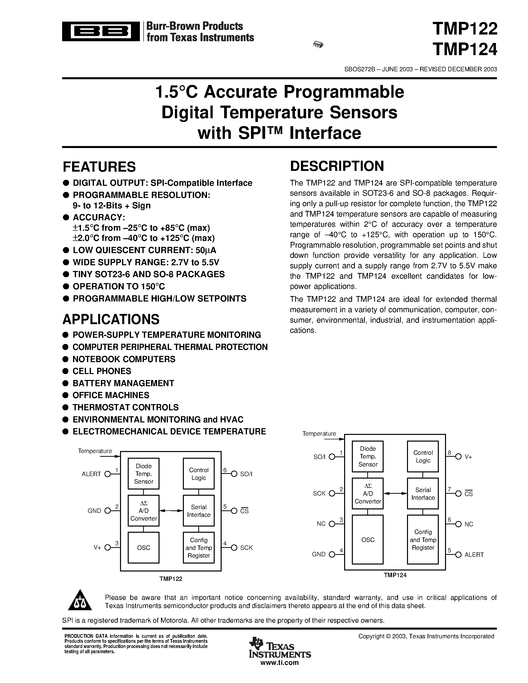 Даташит TMP124AID - 1.5C Accurate Programmable Digital Temperature Sensors with SPI Interface страница 1