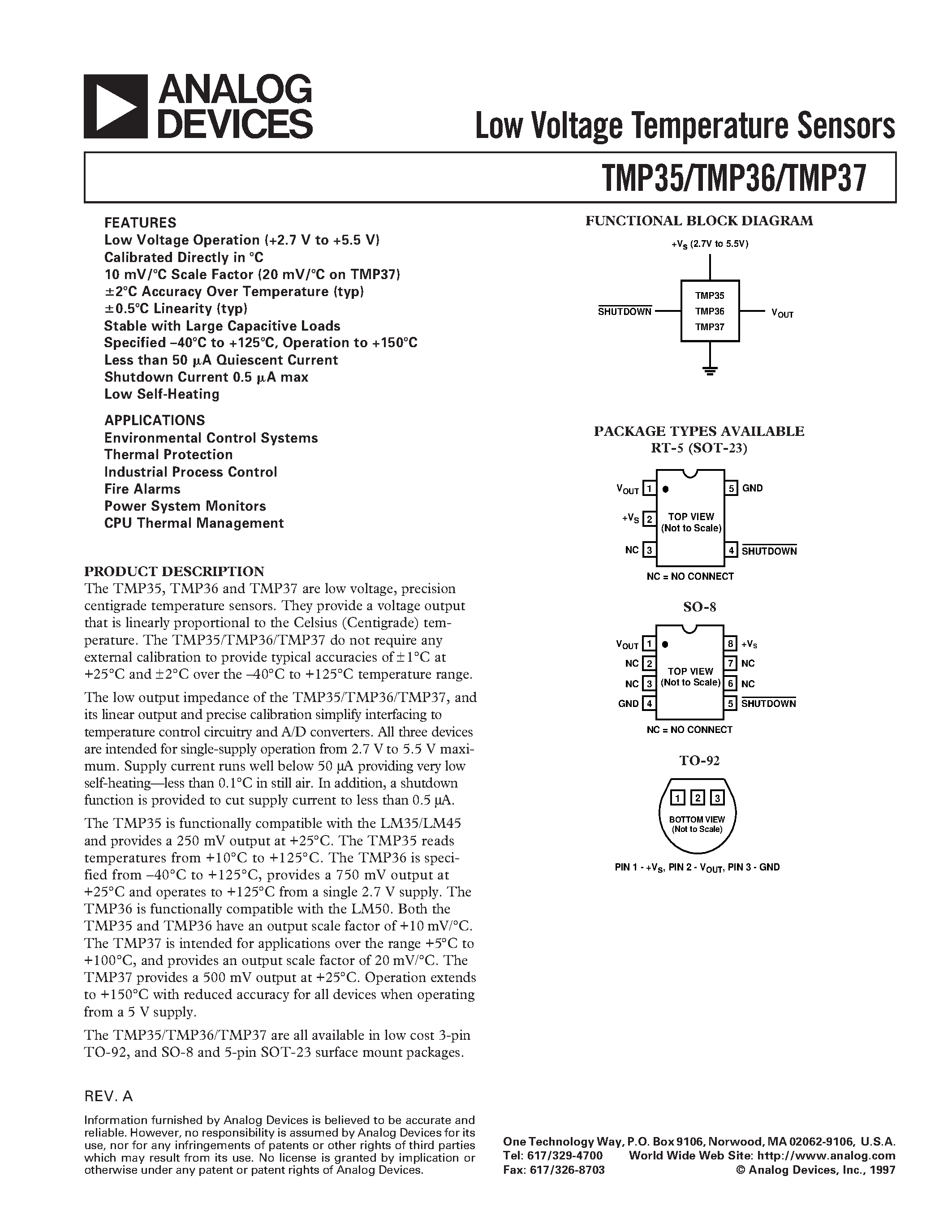 Даташит TMP36GS - Low Voltage Temperature Sensors страница 1
