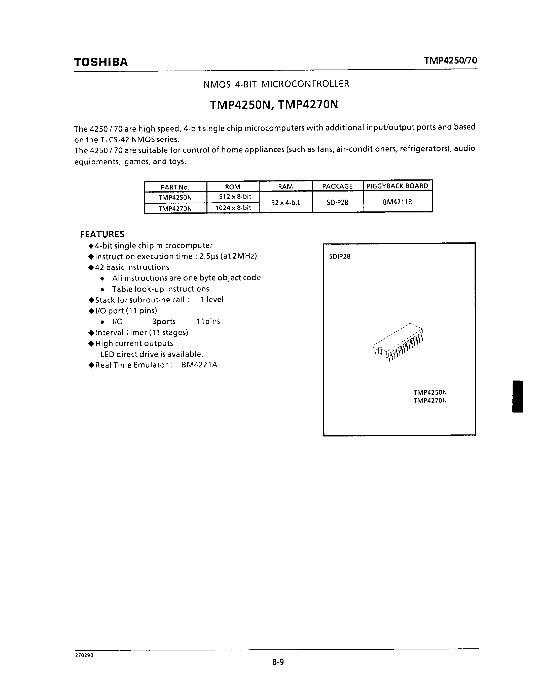 Datasheet TMP4270N - NMOS 4-BIT MICROCONTROLLER page 1