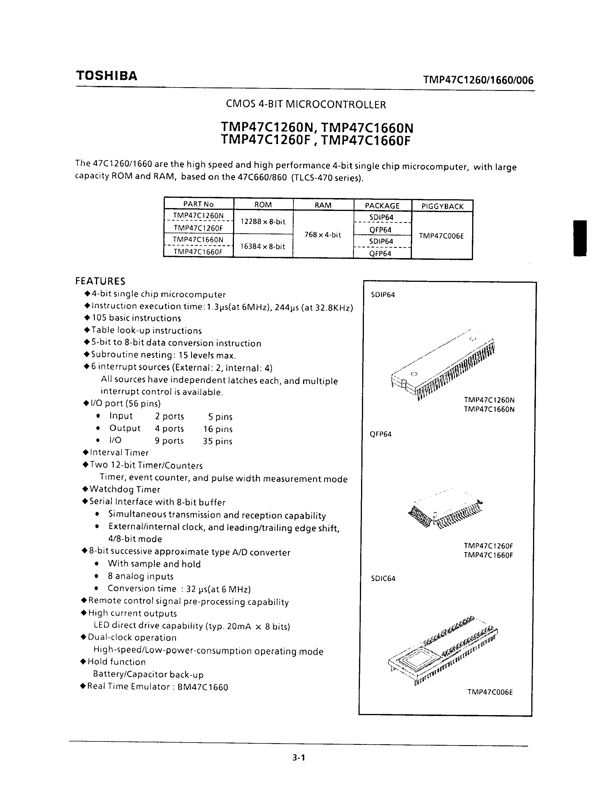 Datasheet TMP47C1260F - CMOS 4-BIT MICROCONTROLLER page 1