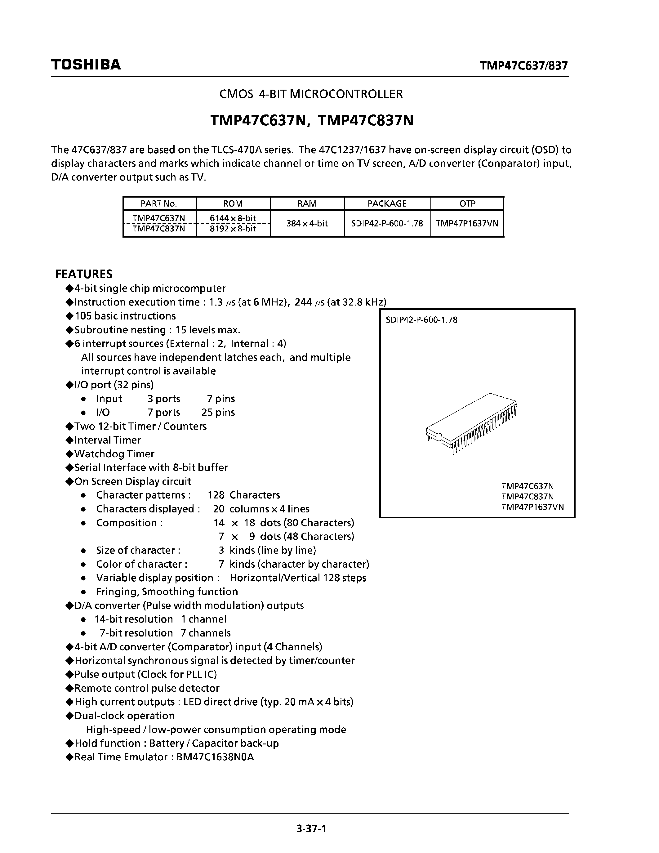 Datasheet TMP47C1637VN - CMOS 4-BIT MICROCONTROLLER page 1