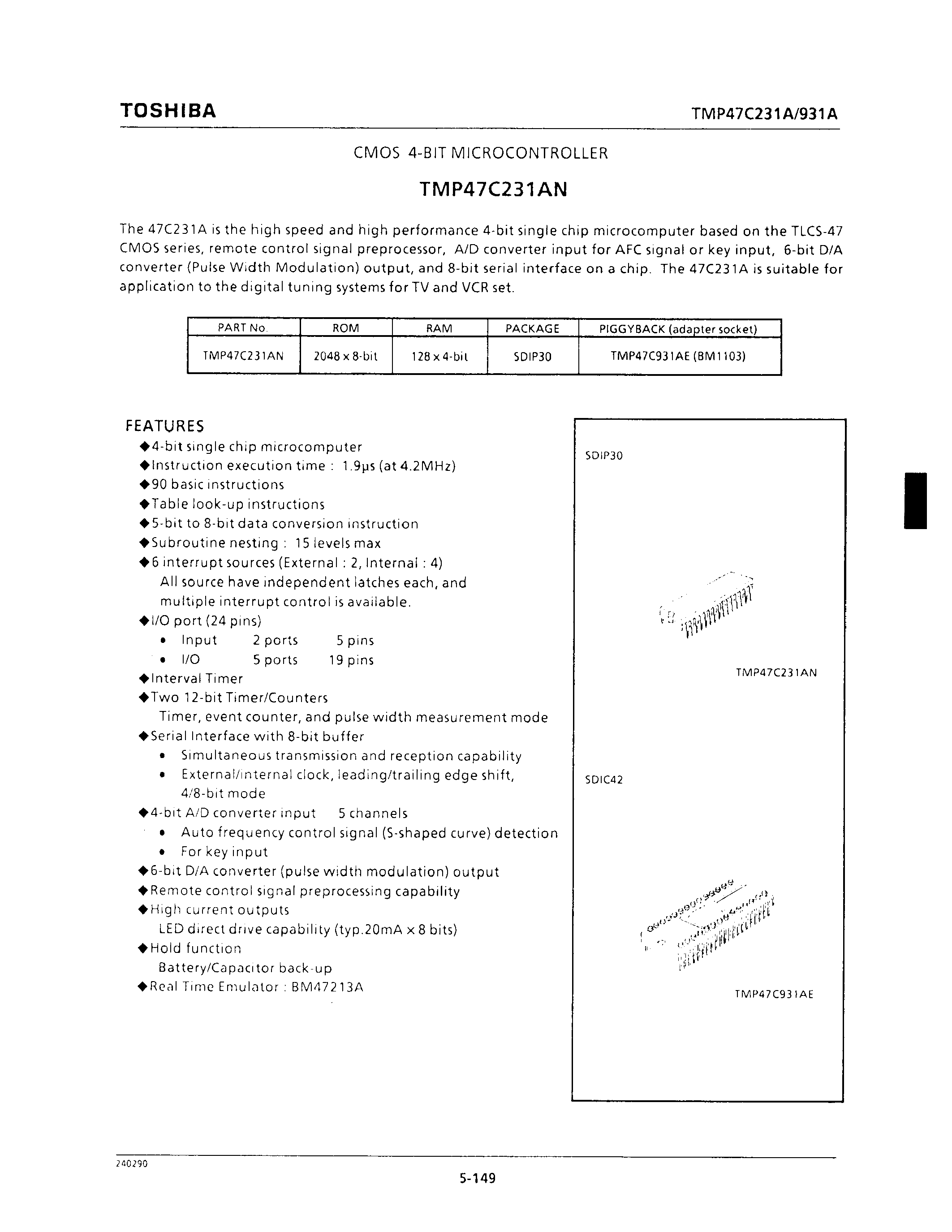 Datasheet TMP47C231 - CMOS 4-BIT MICROCONTROLLER page 1