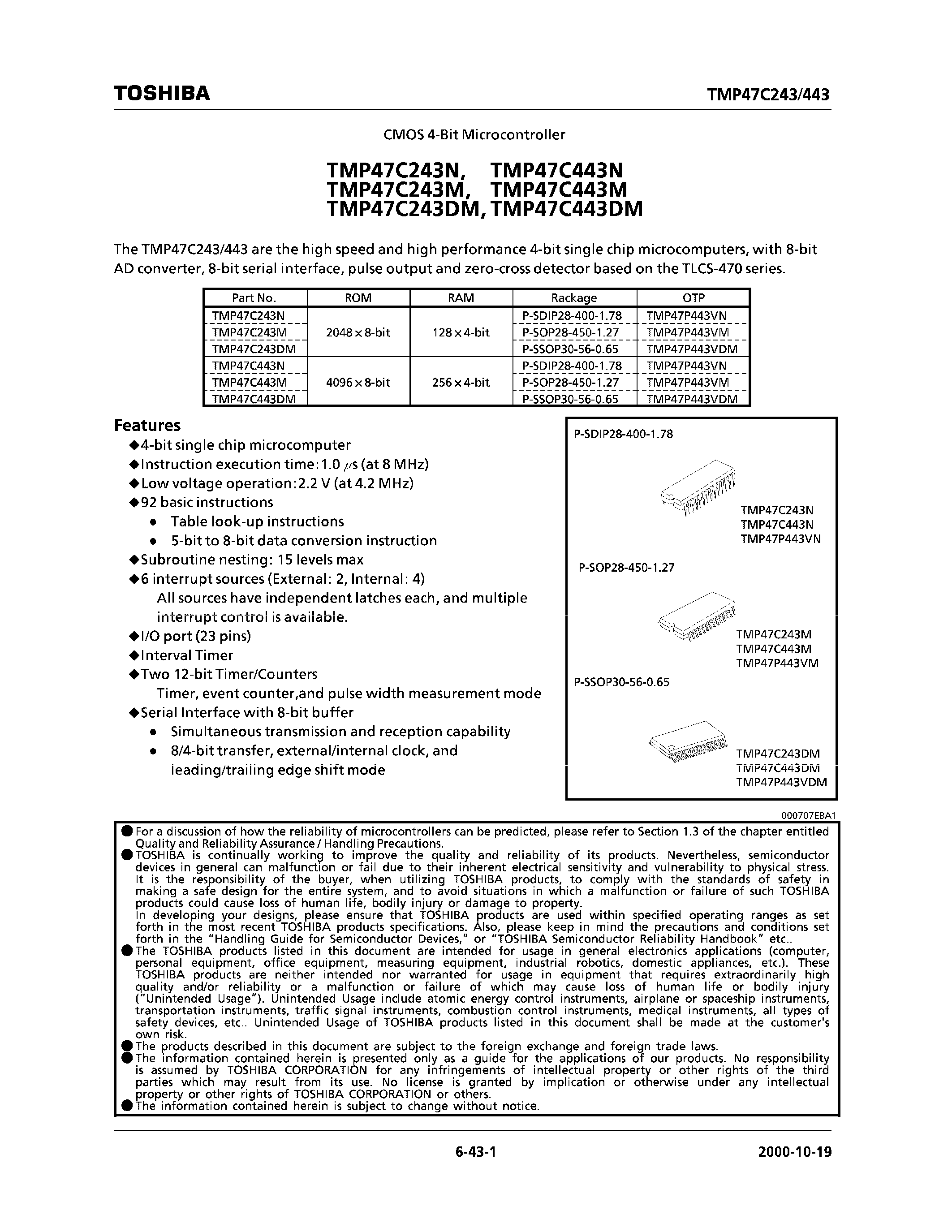 Datasheet TMP47C243 - CMOS 4-BIT MICROCONTROLLER page 1