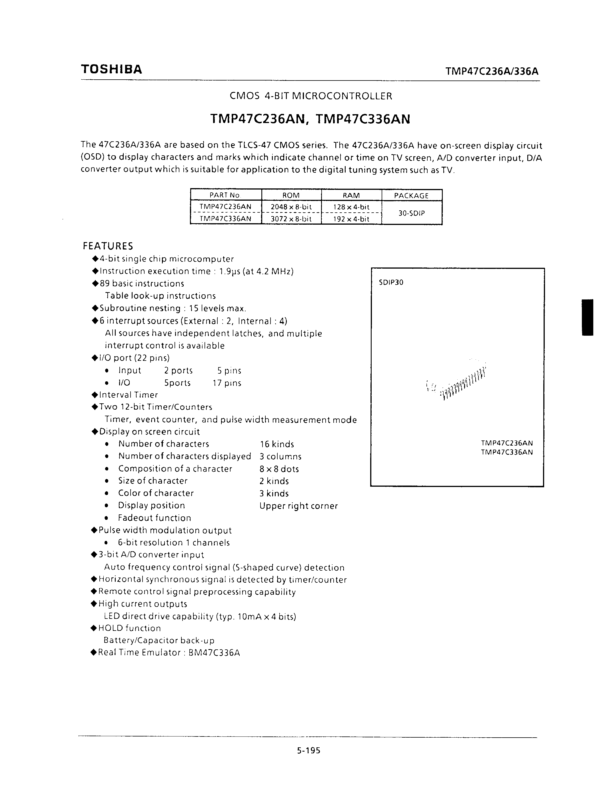 Datasheet TMP47C336AN - CMOS 4-BIT MICROCONTROLLER page 1