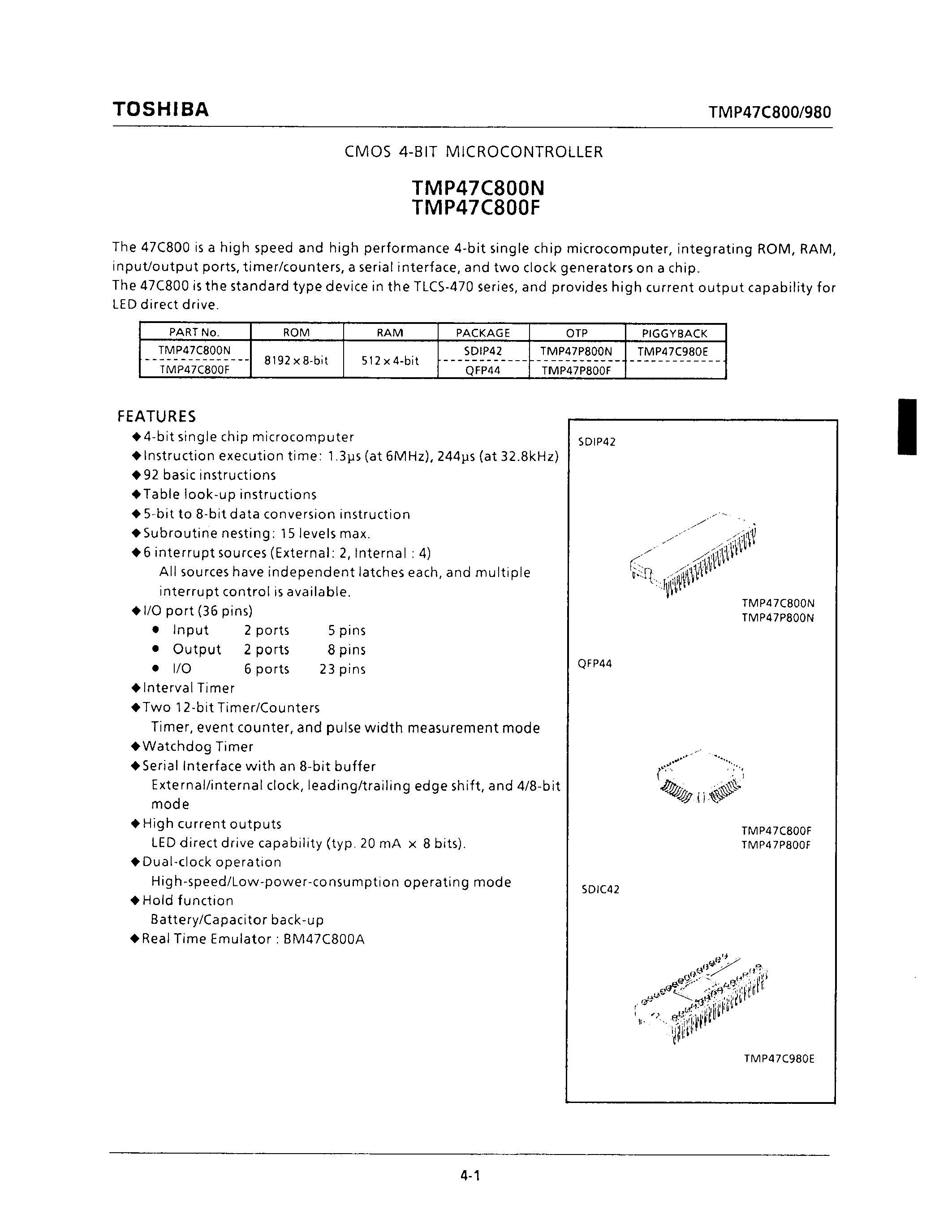 Даташит на микросхему TMP47C800 страница 1 Даташит TMP47C800 - CMOS 4-BIT MICROCONTROLLER страница 1