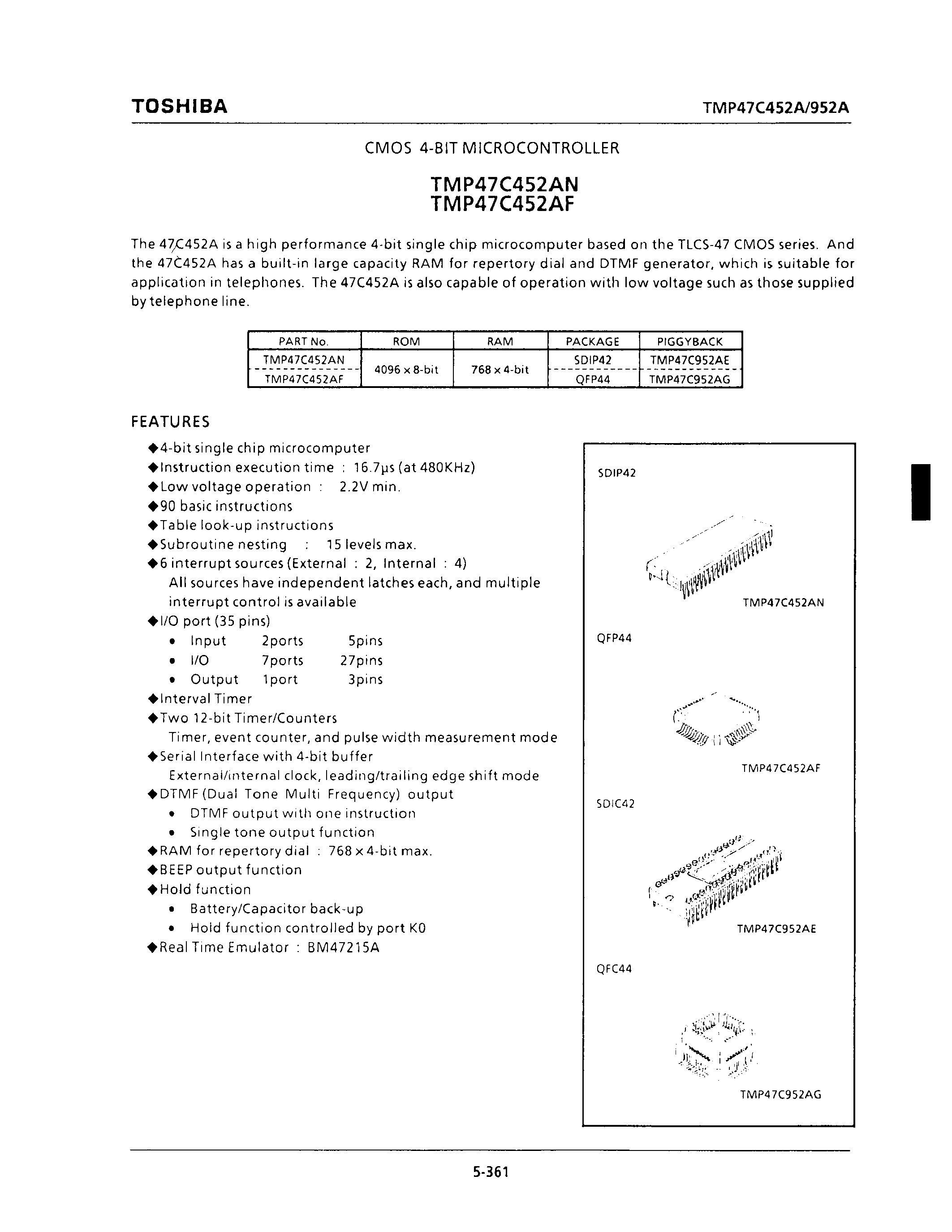 Даташит TMP47C952 - CMOS 4-BIT MICROCONTROLLER страница 1