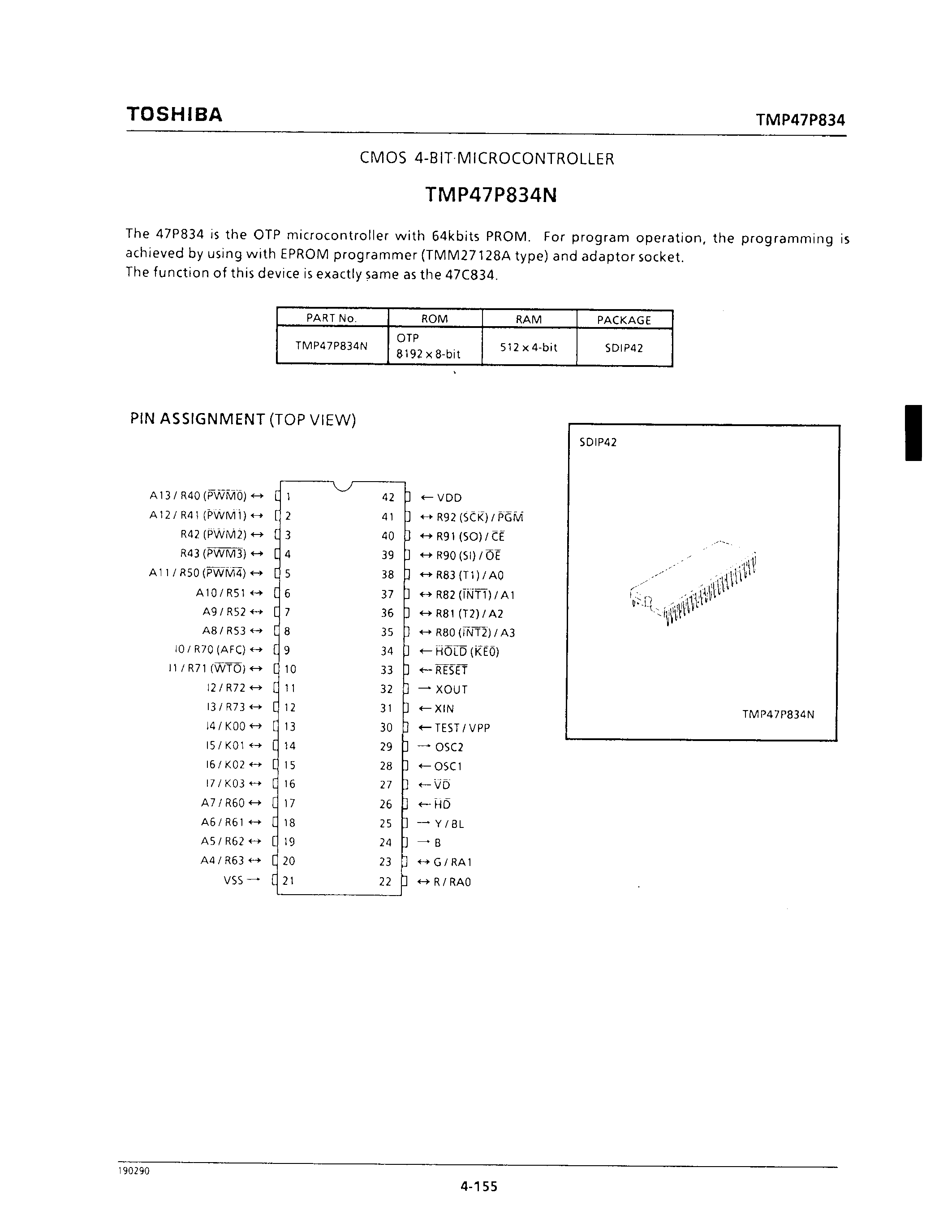 Даташит TMP47P834 - CMOS 4-BIT MICROCONTROLLER страница 1