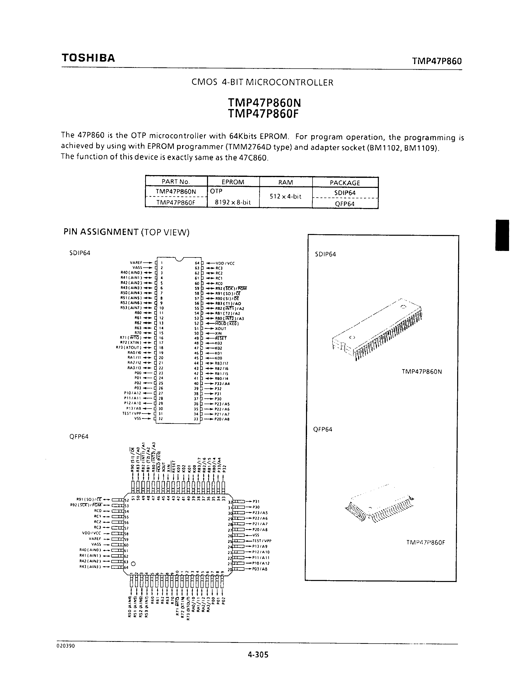 Даташит TMP47P860N - CMOS 4-BIT MICROCONTROLLER страница 1